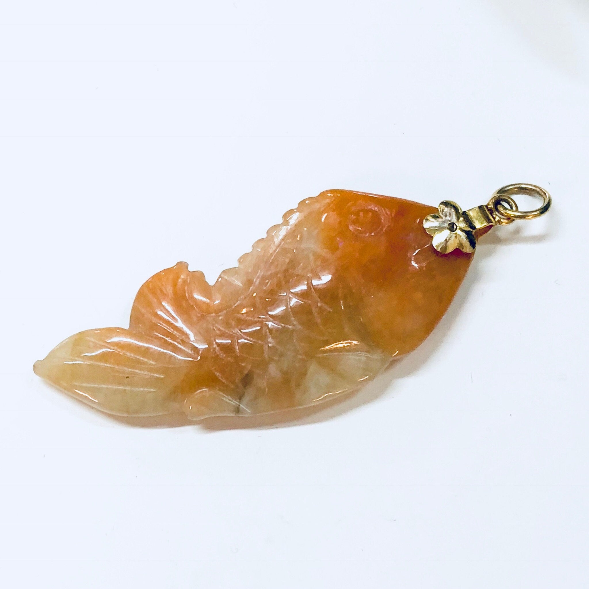 Vintage Pendant, Fish Pendant, Stone Jewelry, Fish Jewelry, Aquatic, Ocean, Orange, Green, Jade, Multicolor Jade, Orange, Necklace, Fish