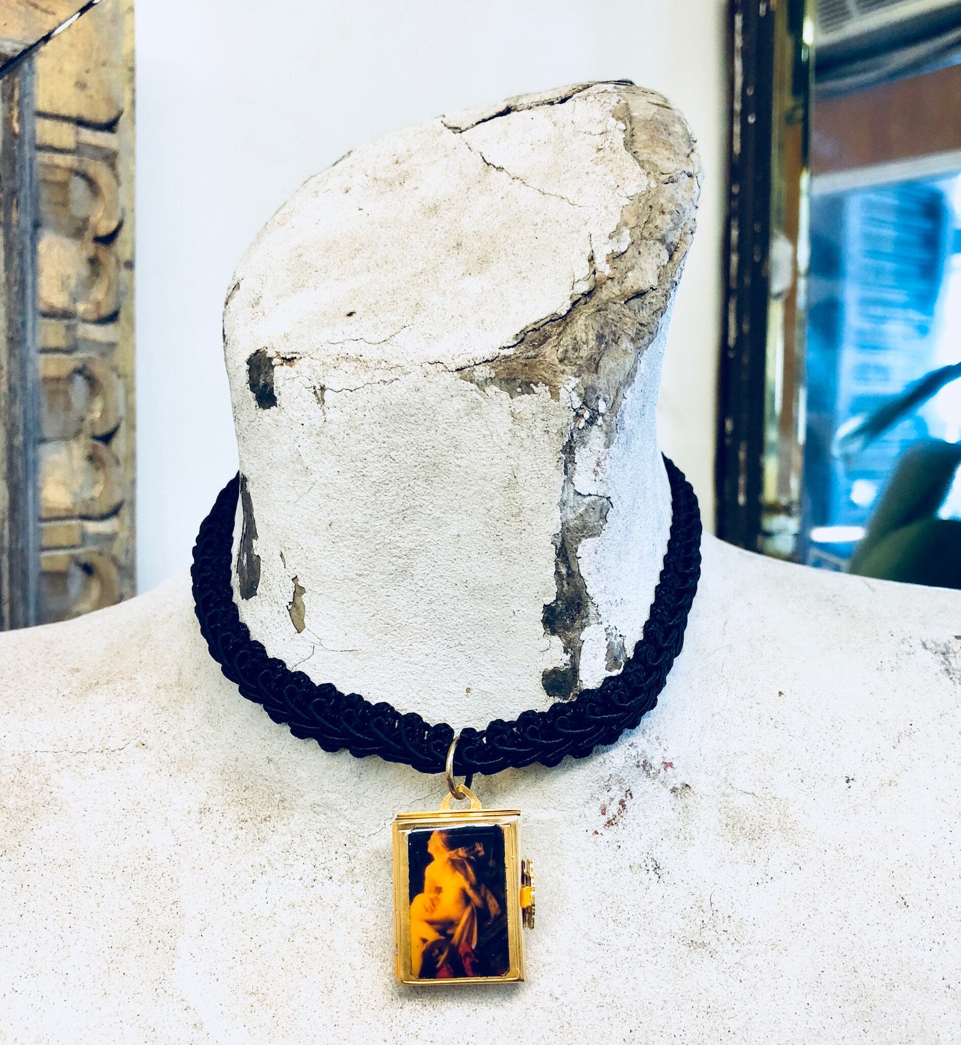 Vintage Choker, Braided Choker, Choker Locket, Trifold Locket, Art Necklace, Laura Graham Jewelry, Unique Jewelry, Vintage Jewelry,