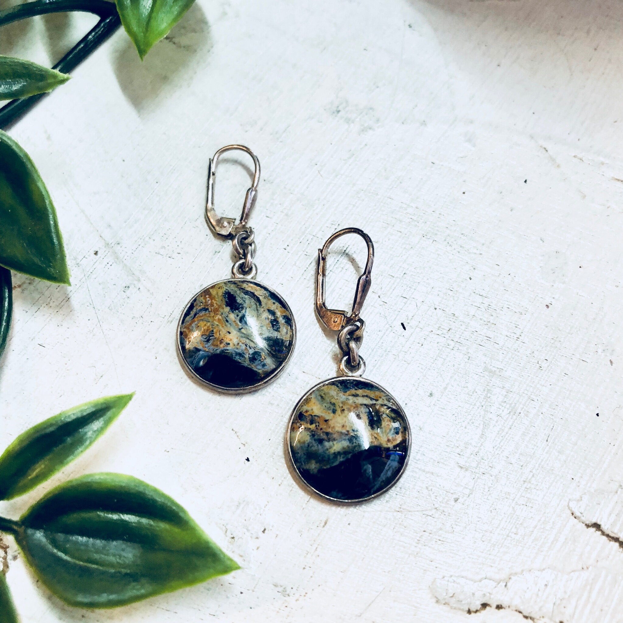 Vintage SilverEarrings, Dangle Earrings, Natural Stone, Earth Stone, Blue Earrings, Green, Orange, Pierced Ears, Drop Earrings, Vintage