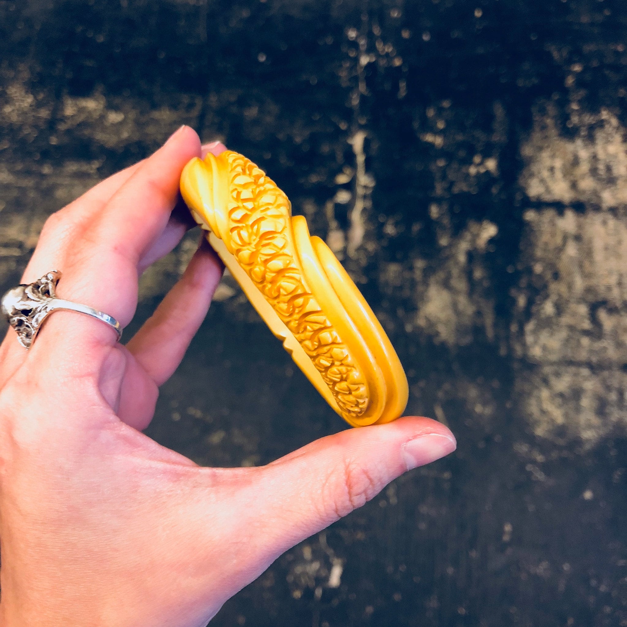 Celluloid Bracelet, Yellow Celluloid, Carved Celluloid, Bangle Bracelet, Vintage Jewelry, Vintage Bracelet, Carved Jewelry, Yellow Jewelry