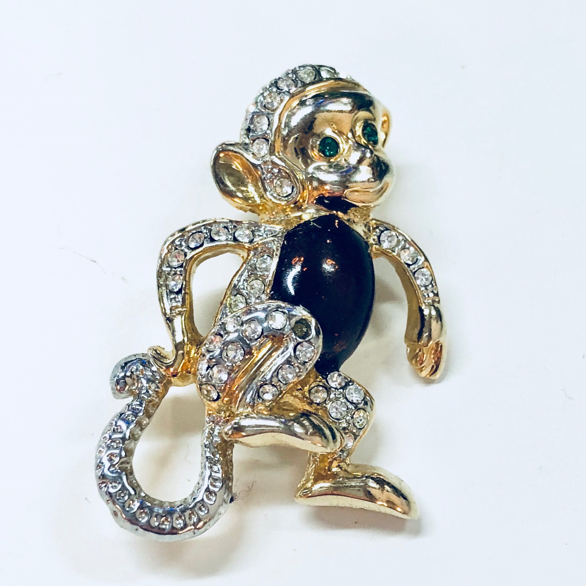 Vintage Brooch, Monkey Brooch, Animal Jewelry, Vintage Jewelry, Gold Toned Jewelry, Monkey Pin, Rhinestone, Green, Brown, Gold, Cute Pin