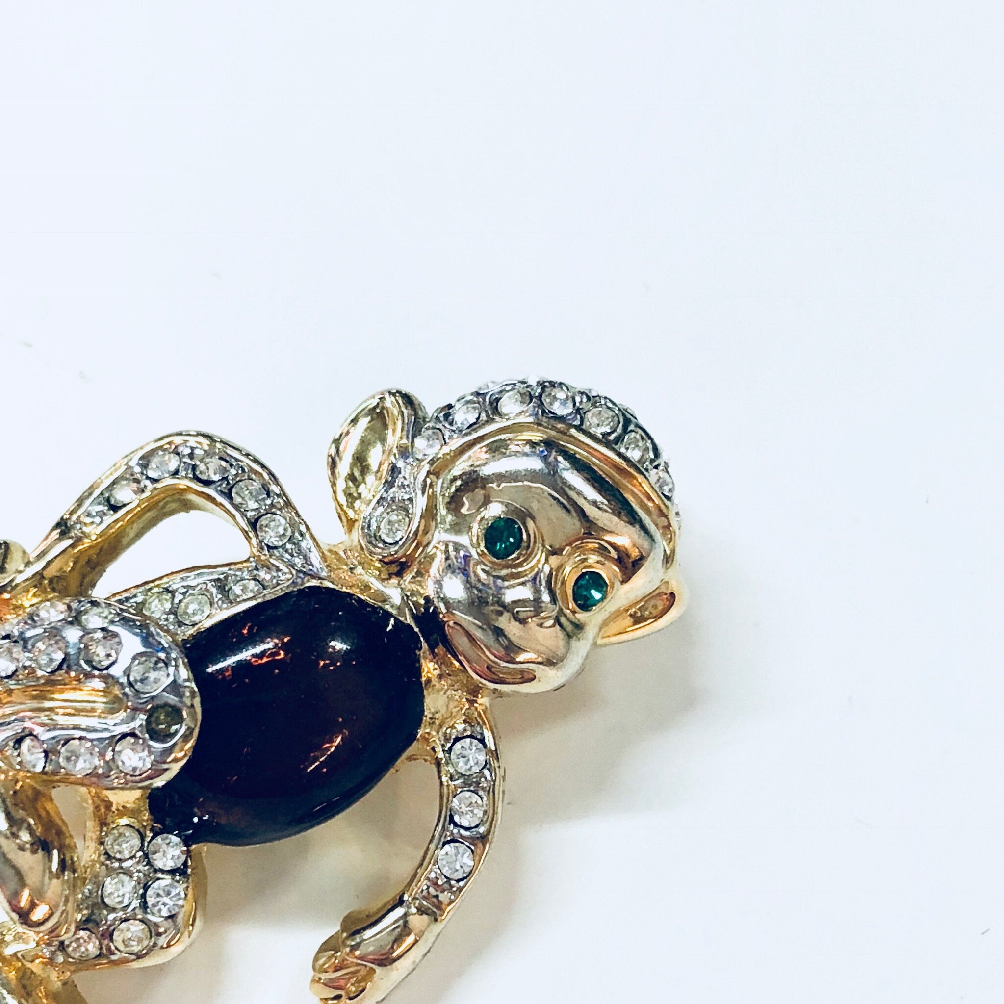 Vintage Brooch, Monkey Brooch, Animal Jewelry, Vintage Jewelry, Gold Toned Jewelry, Monkey Pin, Rhinestone, Green, Brown, Gold, Cute Pin