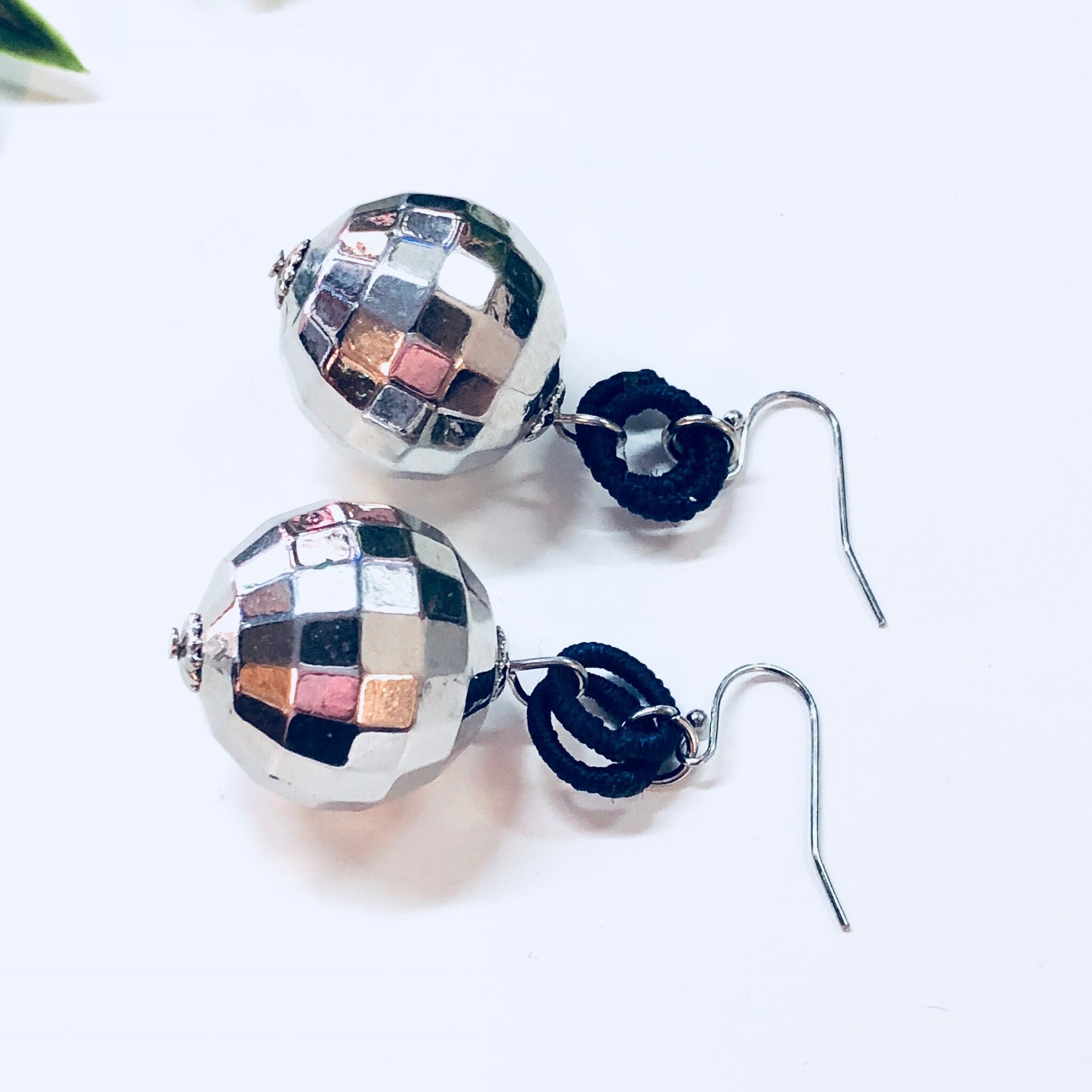 Vintage Earrings, Disco Ball Earrings, Dangle Earrings, Drop Earrings, Pierced Ears, Blue, Silver, Disco, Retro, Vintage Jewelry, Round