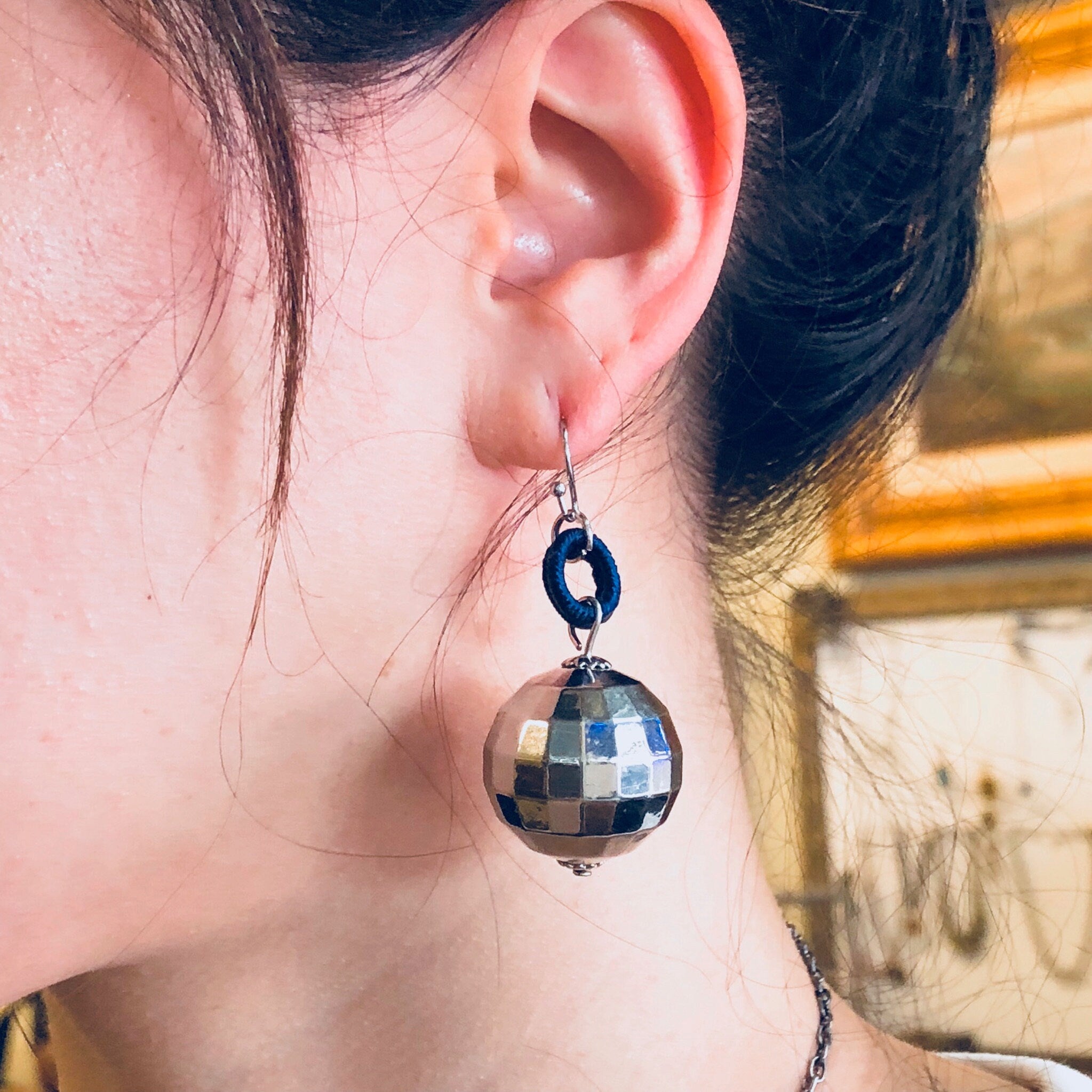 Vintage Earrings, Disco Ball Earrings, Dangle Earrings, Drop Earrings, Pierced Ears, Blue, Silver, Disco, Retro, Vintage Jewelry, Round