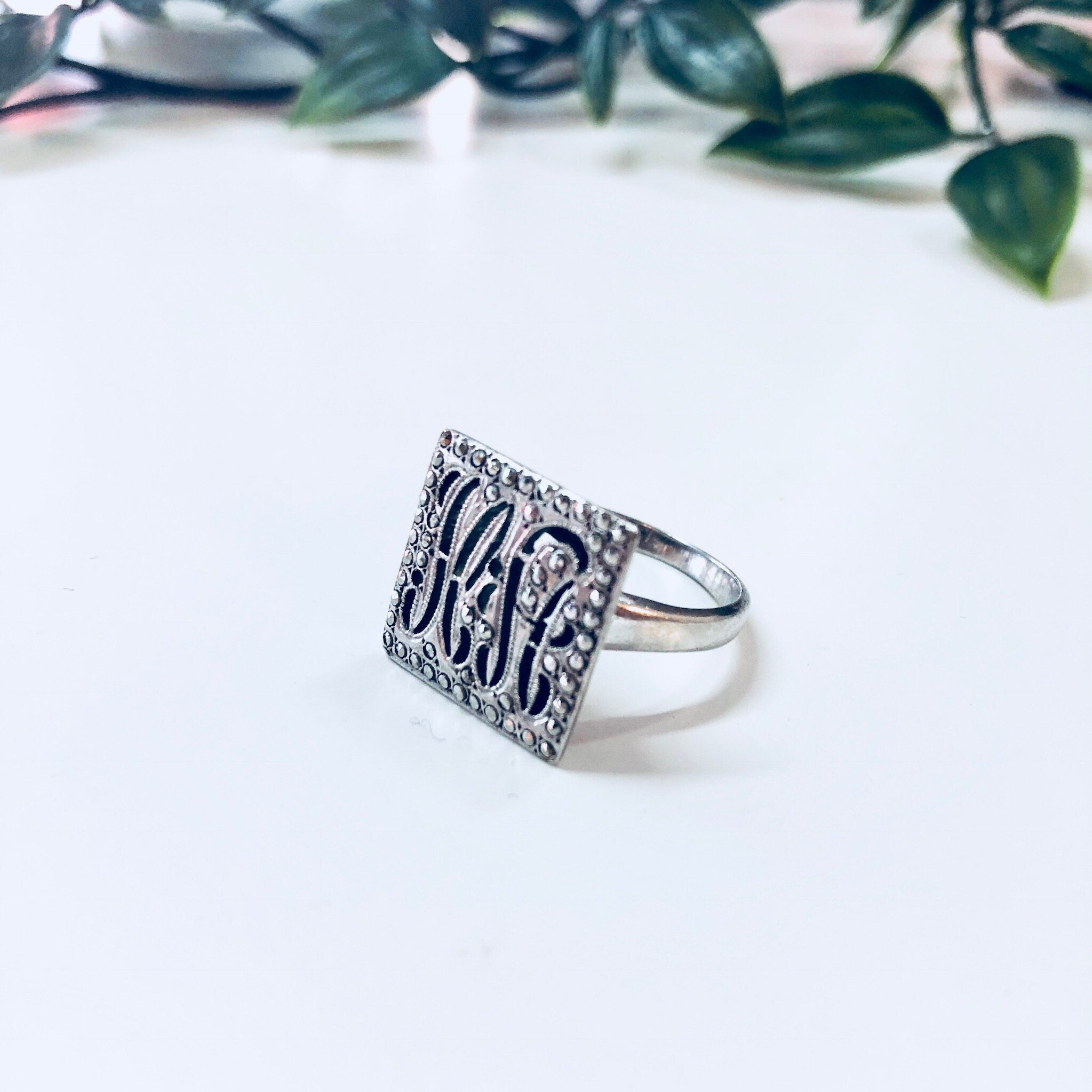 Vintage Silver Ring, Monogrammed Ring, Monogram, Marcasite Ring, Vintage Jewelry, Sterling Silver, Sparkly Ring, Engagement Ring,