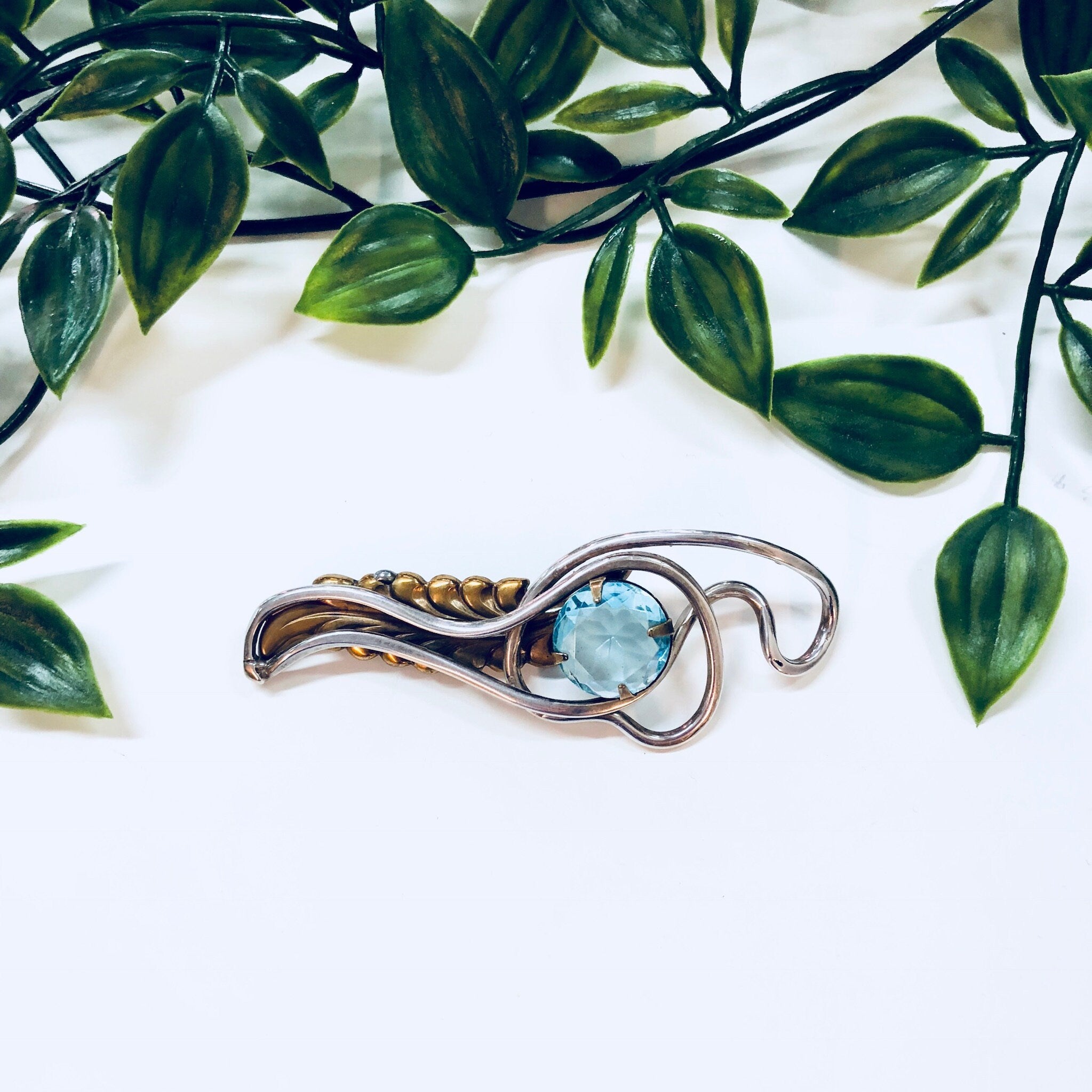 Vintage Silver Brooch, Sterling Silver, Blue Stone, Blue Brooch, Brass Brooch, Vintage Pin, Vintage Jewelry, Feather, Abstract Jewelry, Rare
