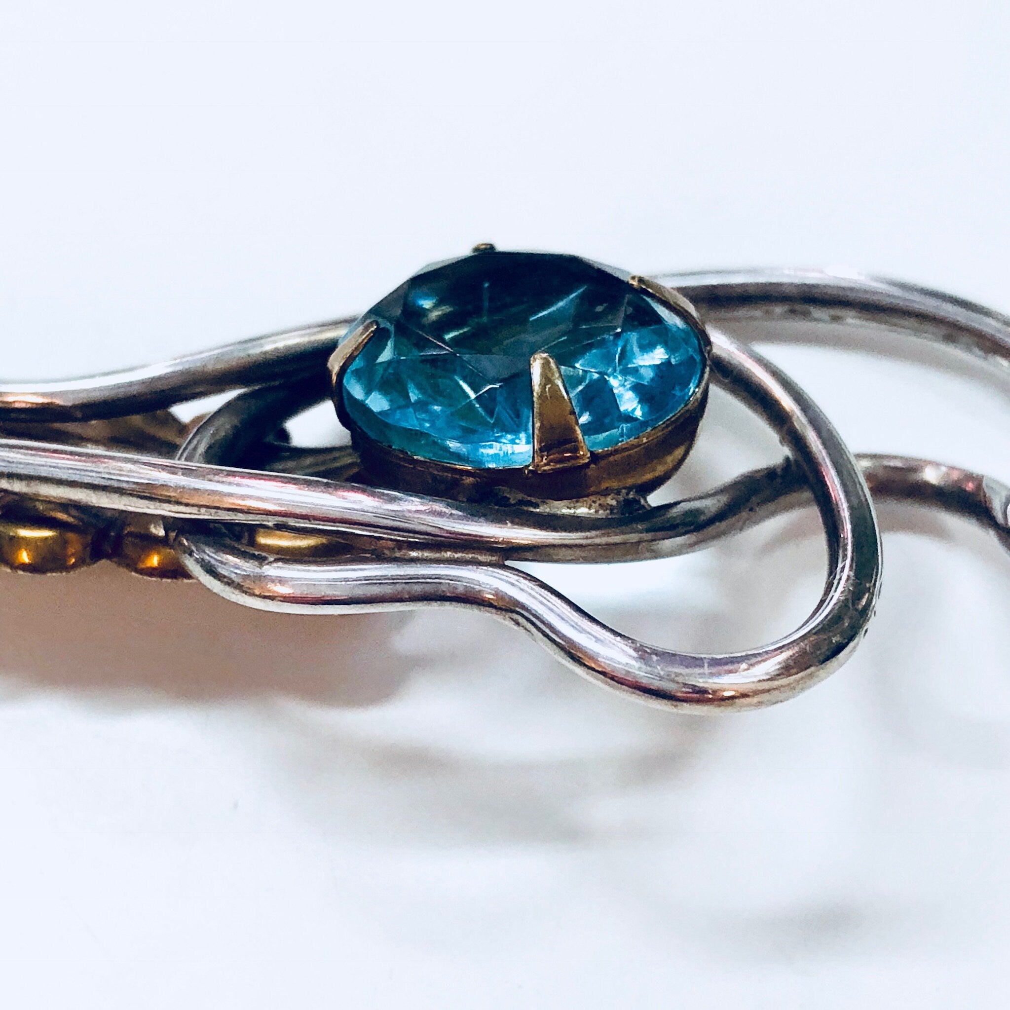 Vintage Silver Brooch, Sterling Silver, Blue Stone, Blue Brooch, Brass Brooch, Vintage Pin, Vintage Jewelry, Feather, Abstract Jewelry, Rare