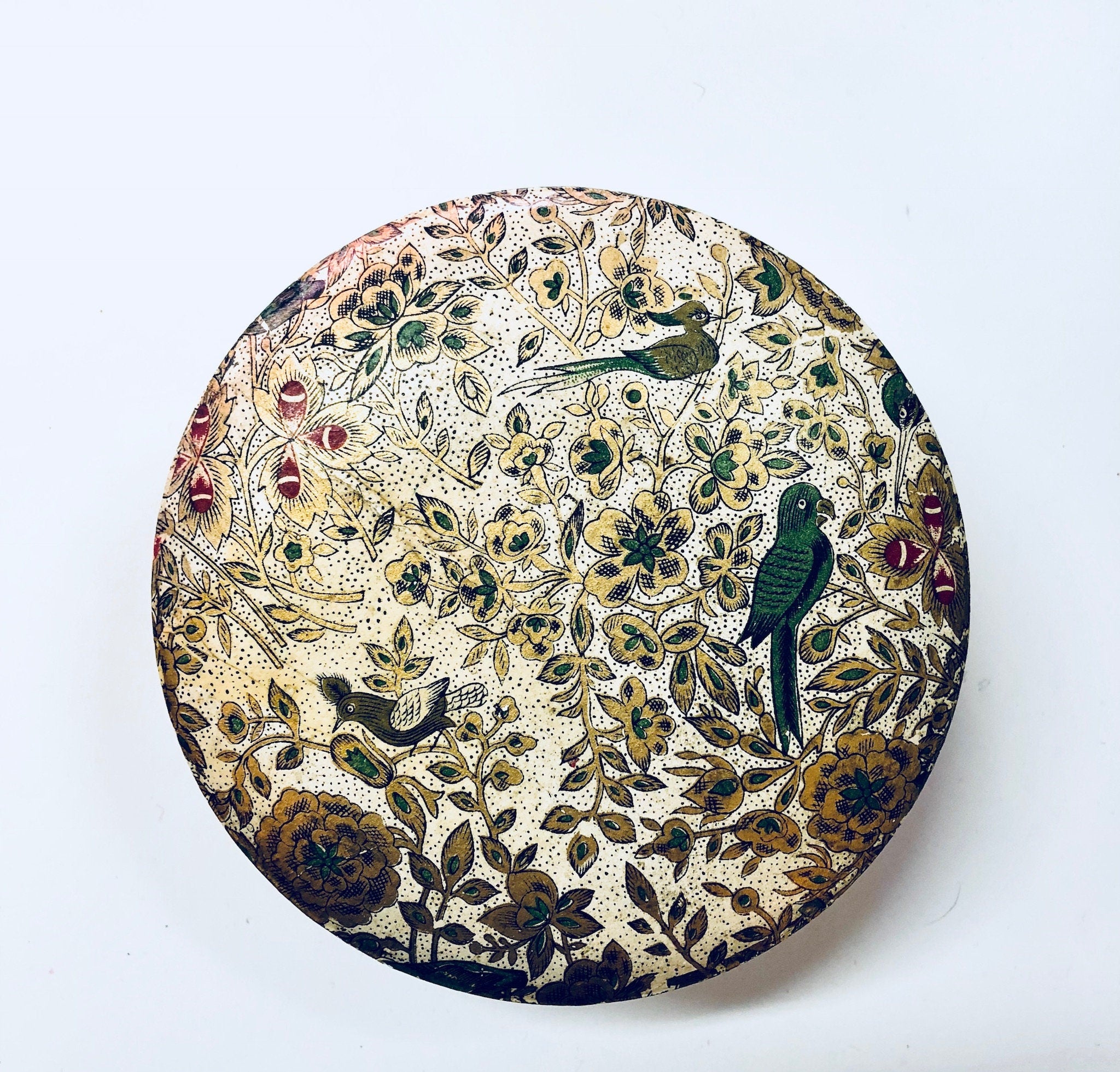 Alfred E Knobler Coasters, Set of 8 Coasters, Box Coasters, Floral Design, Bird Coasters, Paper Mache, Flowers, Vines, White, Green, Red,