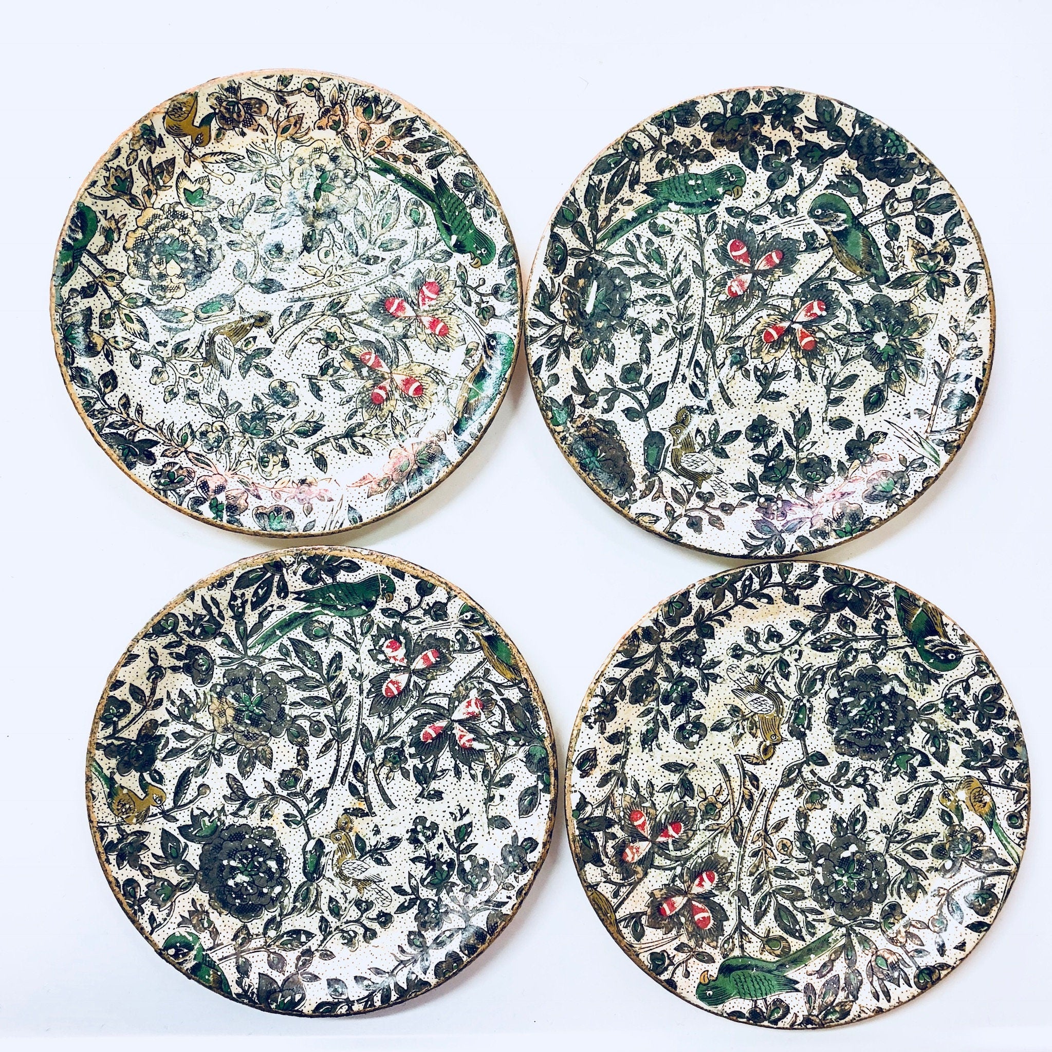 Alfred E Knobler Coasters, Set of 8 Coasters, Box Coasters, Floral Design, Bird Coasters, Paper Mache, Flowers, Vines, White, Green, Red,