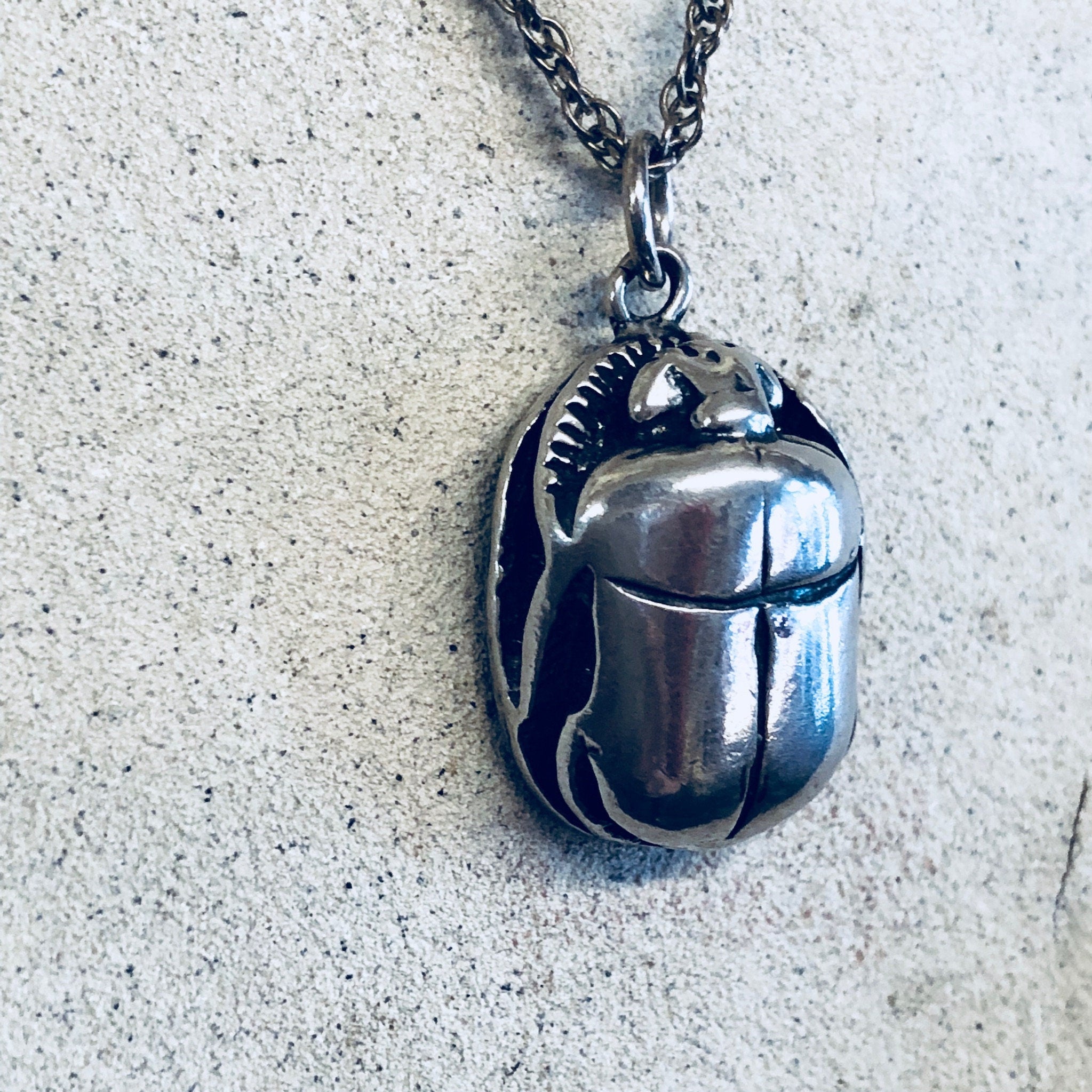 Vintage Silver Pendant, Scarab Necklace, Vintage Necklace, Vintage Jewelry, Sterling Silver, Silver Chain, Scarab Jewelry, Pendant, Bug