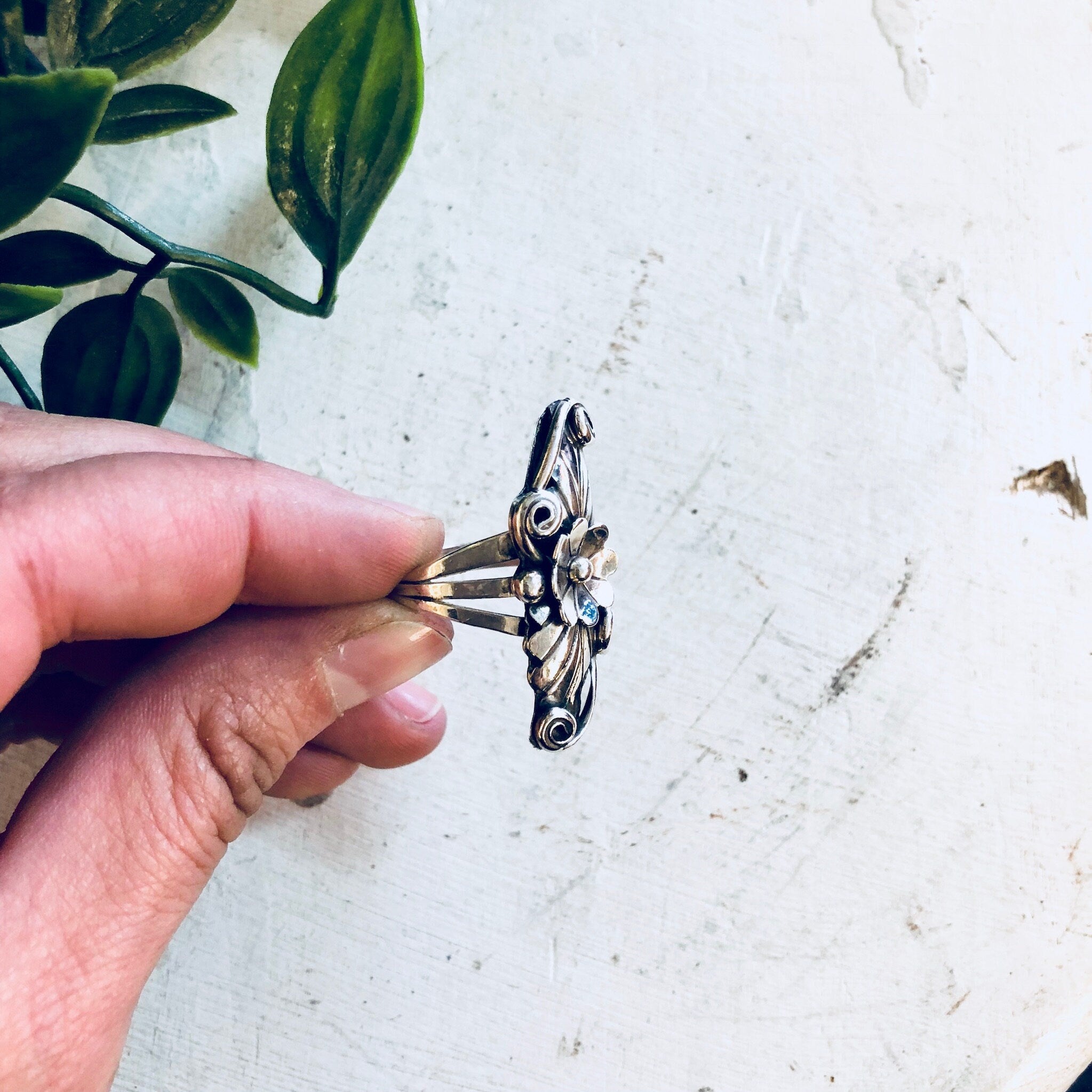 Vintage Silver Ring, RB Sterling, Navajo Ring, Navajo Jewelry, Running Bear, Vintage Jewelry, Statement Ring, Floral Ring, Flower, Long Ring