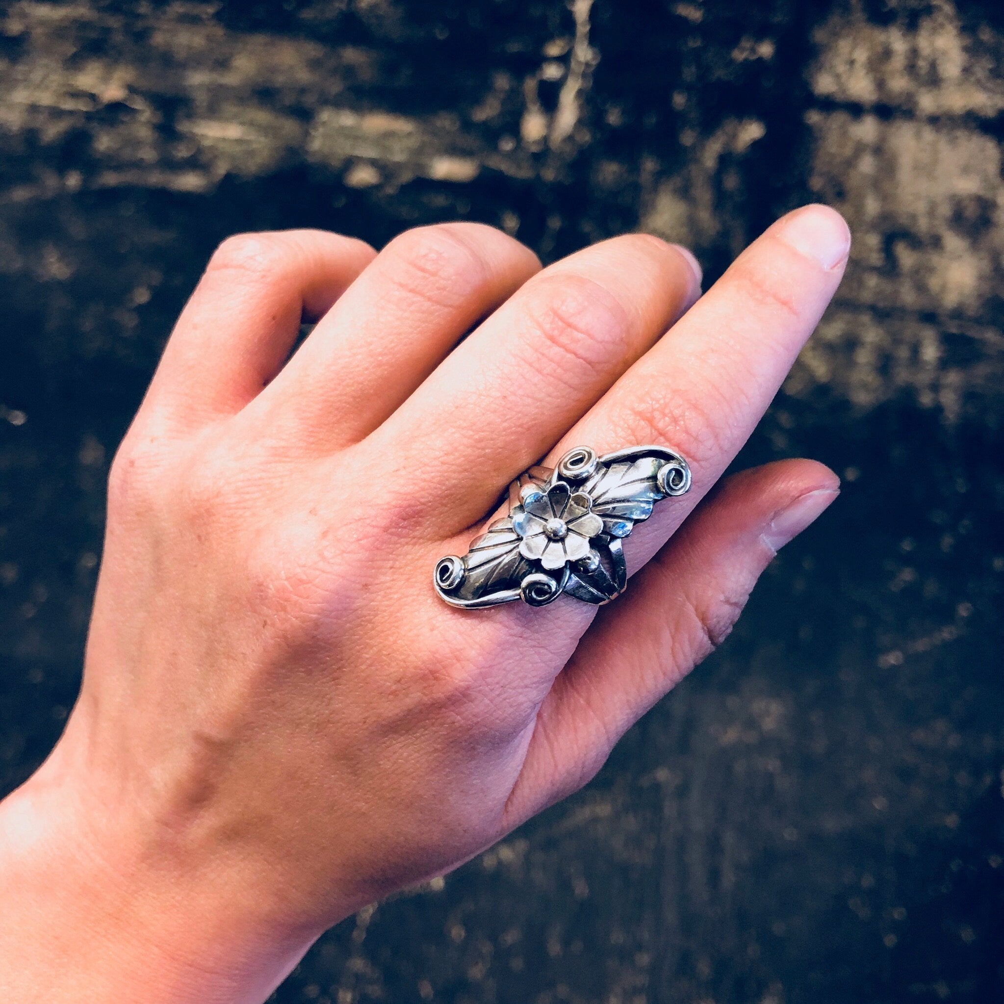 Vintage Silver Ring, RB Sterling, Navajo Ring, Navajo Jewelry, Running Bear, Vintage Jewelry, Statement Ring, Floral Ring, Flower, Long Ring
