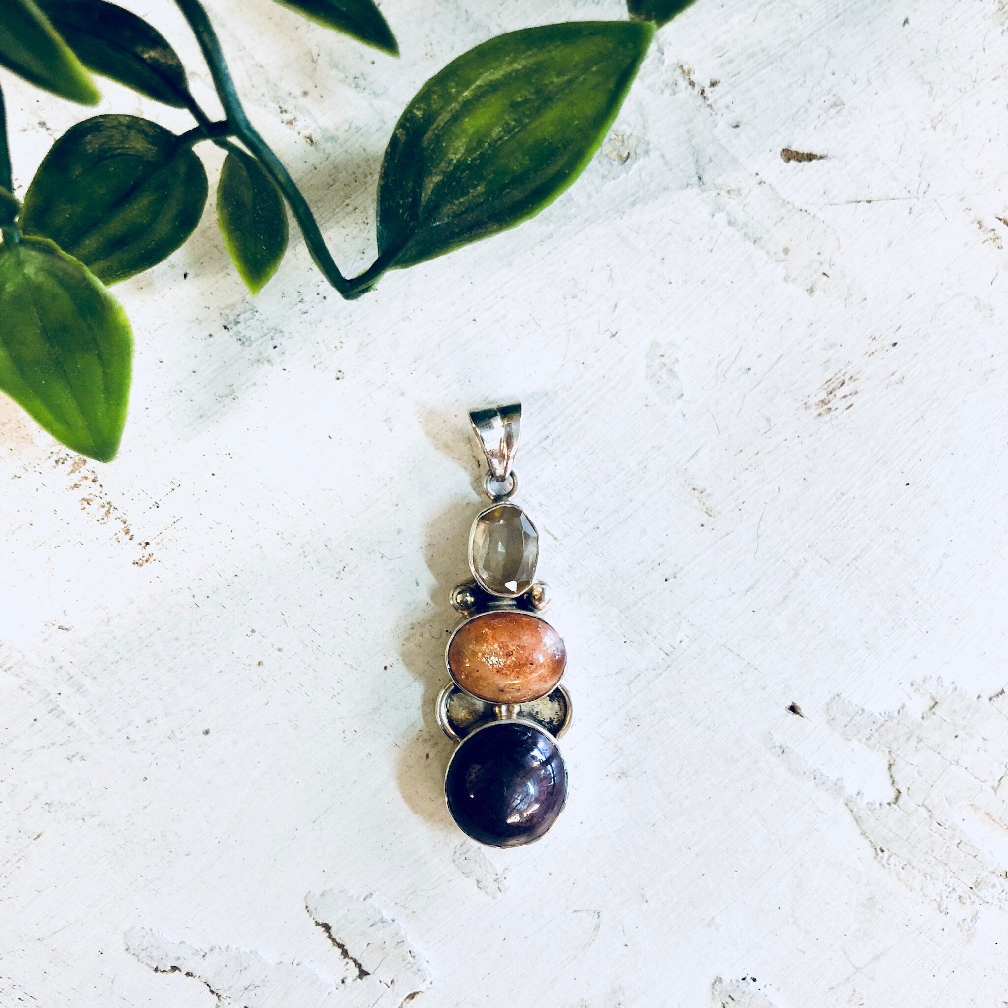 Vintage Silver Pendant, Sterling Silver, Vintage Jewelry, Vintage Necklace, Pendant, Smoky Quartz, Orange, Purple, Natural Stones, Necklace