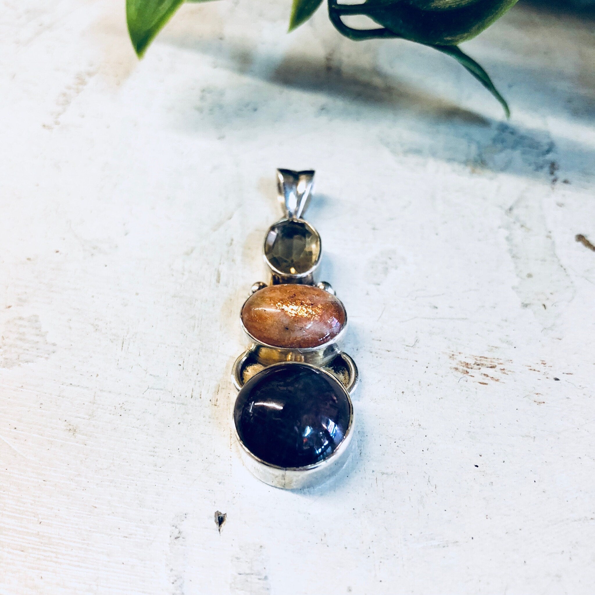 Vintage Silver Pendant, Sterling Silver, Vintage Jewelry, Vintage Necklace, Pendant, Smoky Quartz, Orange, Purple, Natural Stones, Necklace