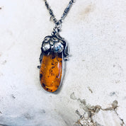 Vintage Silver Necklace, Amber Necklace, Amber Pendant, Silver Chain, Large Amber, Pendant Necklace, Sterling Silver, Vintage Jewelry