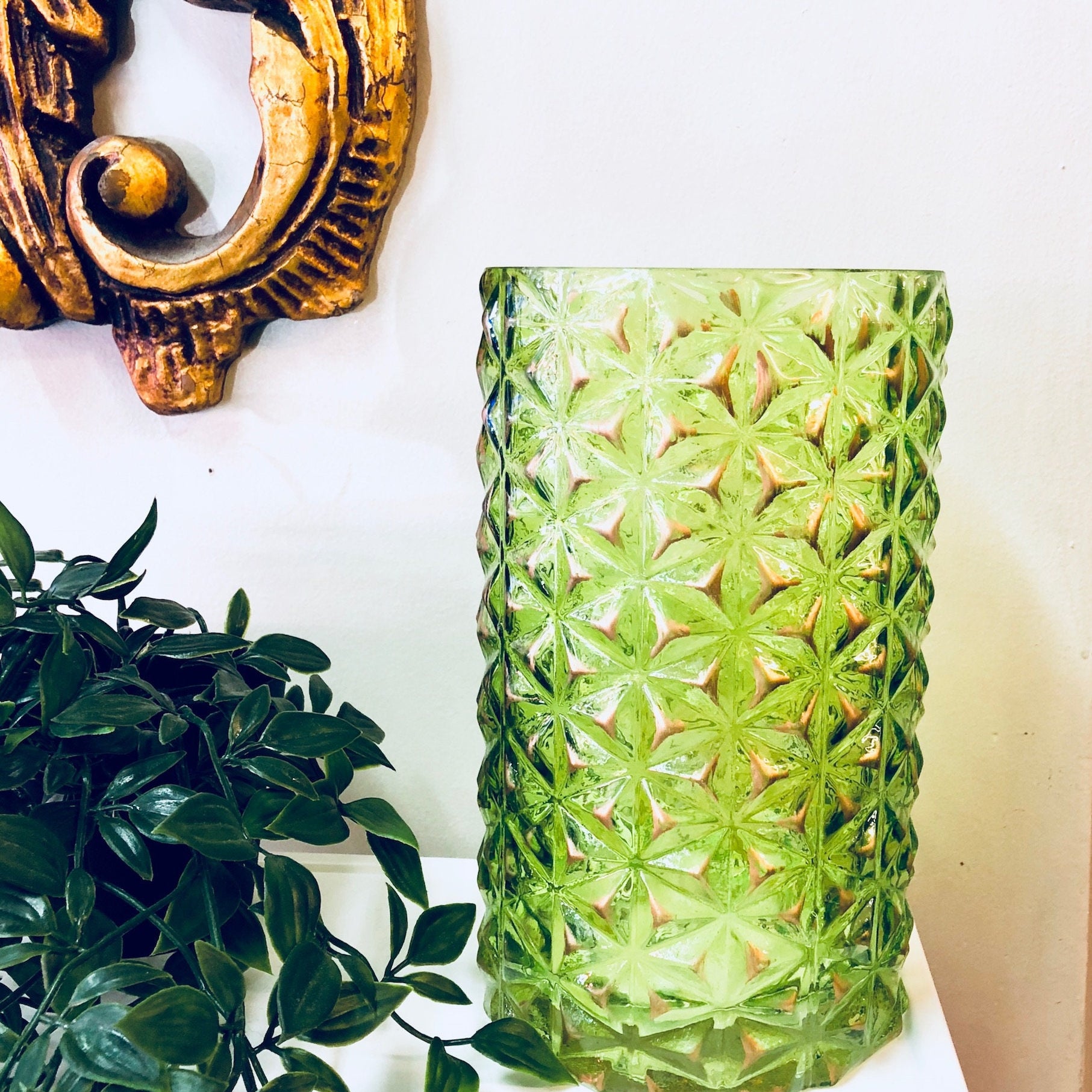 Vintage Vase, Green Vase, Vaseline Glass, Pyramid Shaped Glass, Vintage Home Decor, Gold Accents, Large Vase, Flowers, Bouquet, Centerpiece