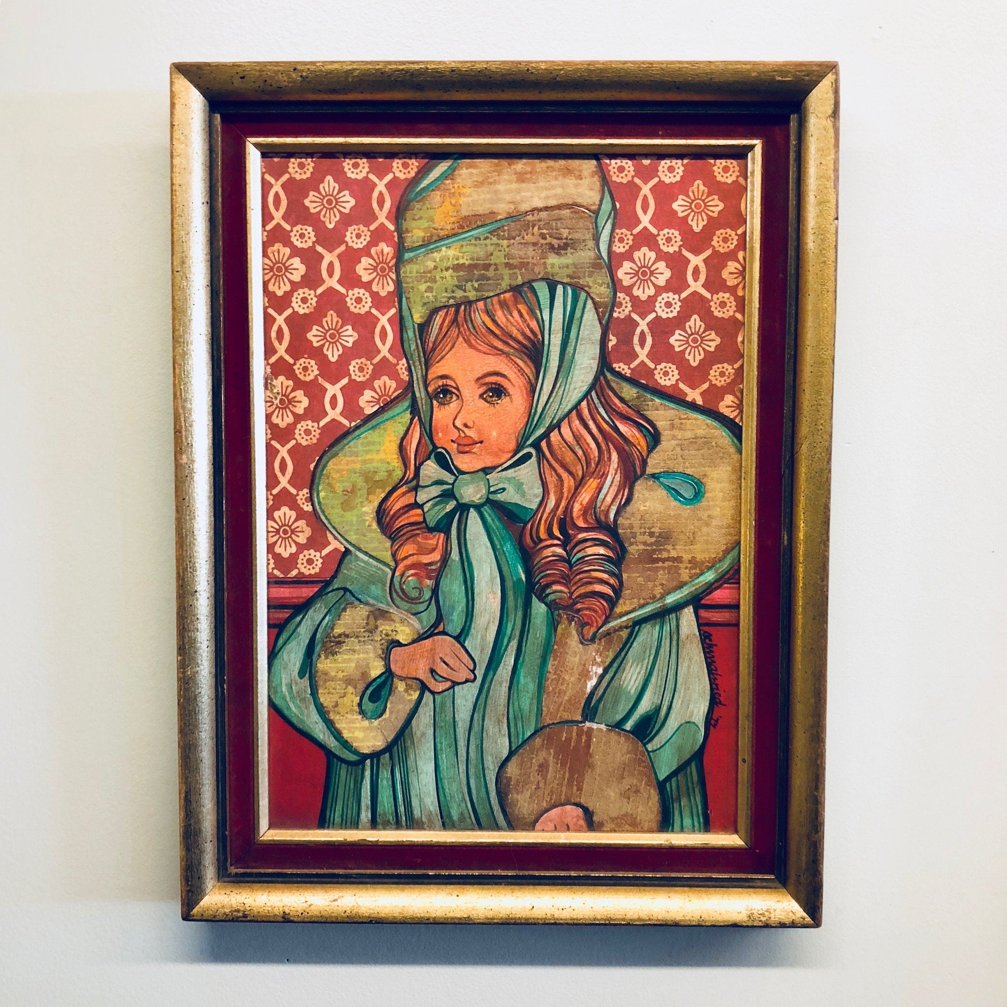 Vintage Artwork, Framed Art, Robert Schmalzried, Gold Frame, Velvet Frame, Doll Portrait, Vintage Painting, Wall Art, Colorful Painting