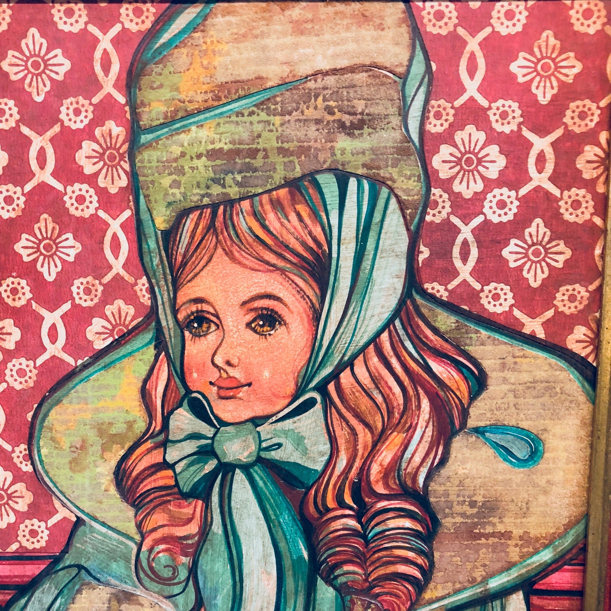 Vintage Artwork, Framed Art, Robert Schmalzried, Gold Frame, Velvet Frame, Doll Portrait, Vintage Painting, Wall Art, Colorful Painting