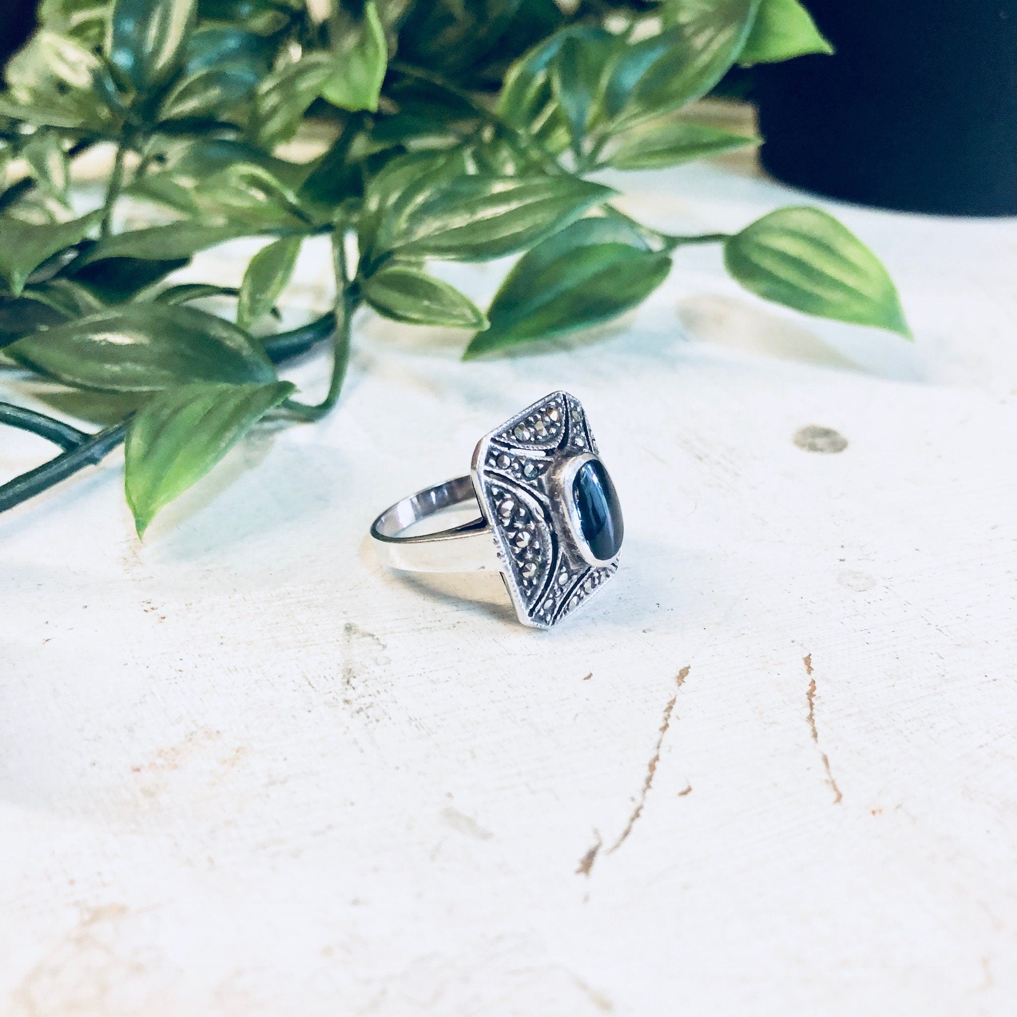 Vintage Silver Ring, Black Onyx Ring, Marcasite Stones, Vintage Jewelry, Sterling Silver, Square Ring, Onyx Jewelry, Black Stone, Engagement