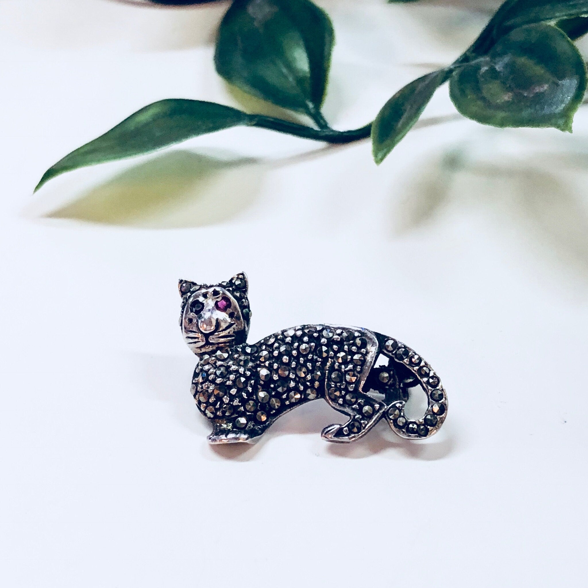 Vintage Silver Brooch, Small Pin, Cat Brooch, Marcasite Jewelry, Red Eyes, Sterling Silver, Vintage Jewelry, Vintage Pin, Kitty Kat, Meow