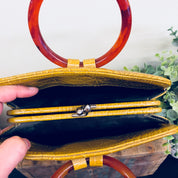 Vintage Ronay Handbag, Ronay Purse, Leather Bag, Bakelite Purse, Yellow Bag, Small Handbag, Kisslock Purse, Mustard Yellow, Red Handles