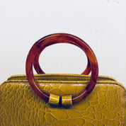 Vintage Ronay Handbag, Ronay Purse, Leather Bag, Bakelite Purse, Yellow Bag, Small Handbag, Kisslock Purse, Mustard Yellow, Red Handles