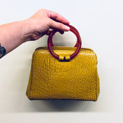 Vintage Ronay Handbag, Ronay Purse, Leather Bag, Bakelite Purse, Yellow Bag, Small Handbag, Kisslock Purse, Mustard Yellow, Red Handles