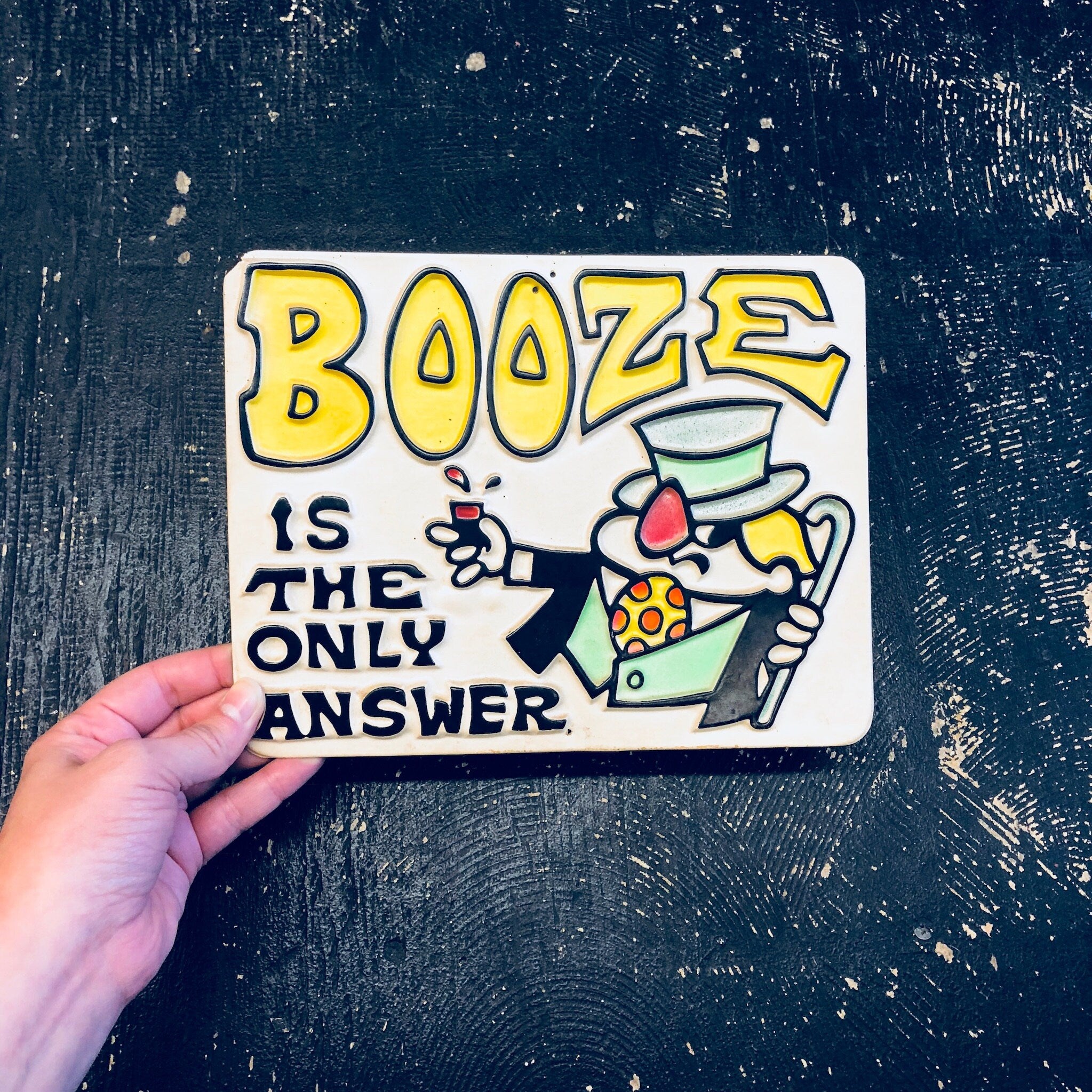 Vintage Sign, Bar Sign, Vintage Home Decor, Funny, Cartoon, Booze, Bar Decor, Man Cave, Yellow, White, Black, Plastic Sign