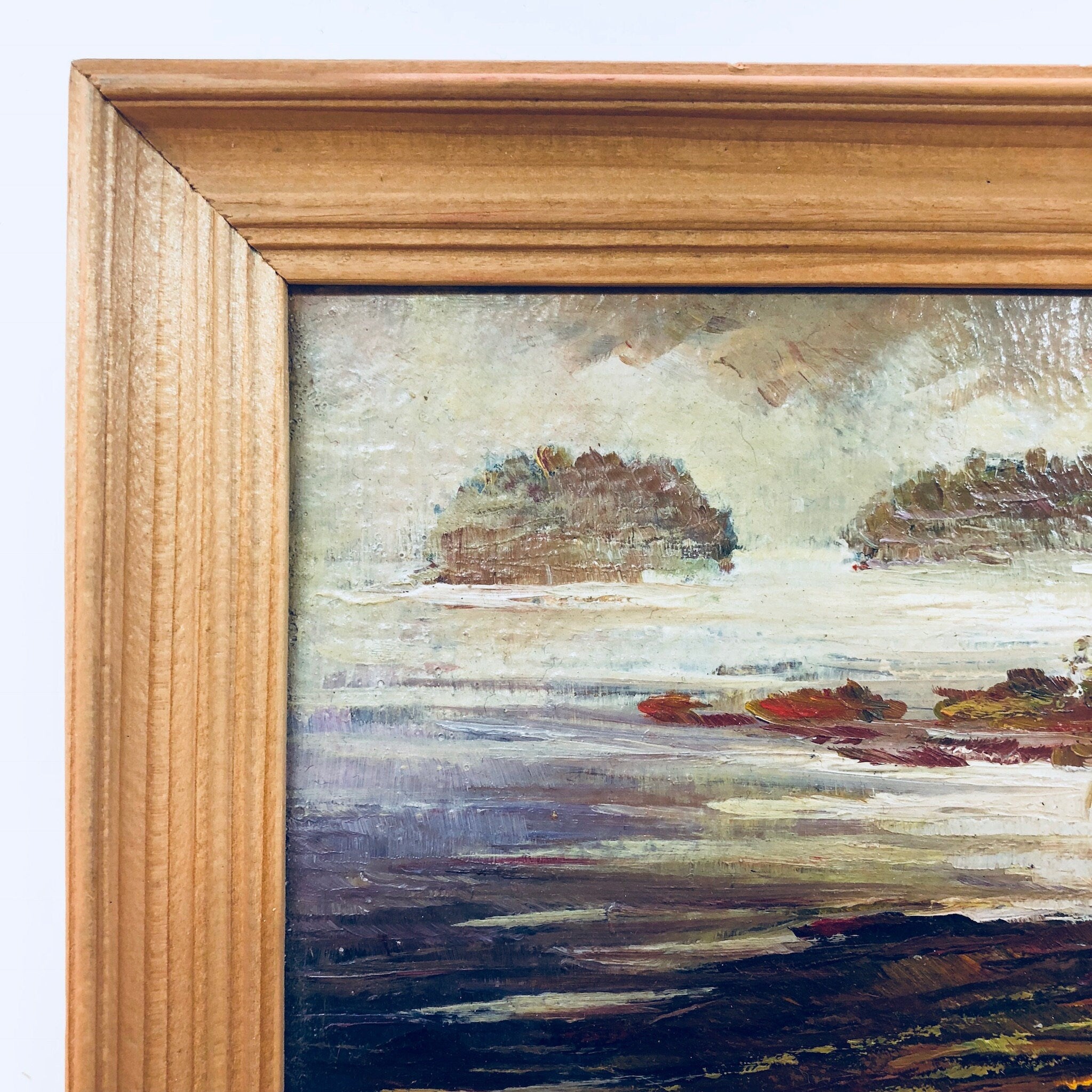 Vintage Oil Painting, Small Painting, Framed Artwork, Scenic Painting, Oil Paint, Russian Art, Lake, River, Trees, Green, Orange, Red