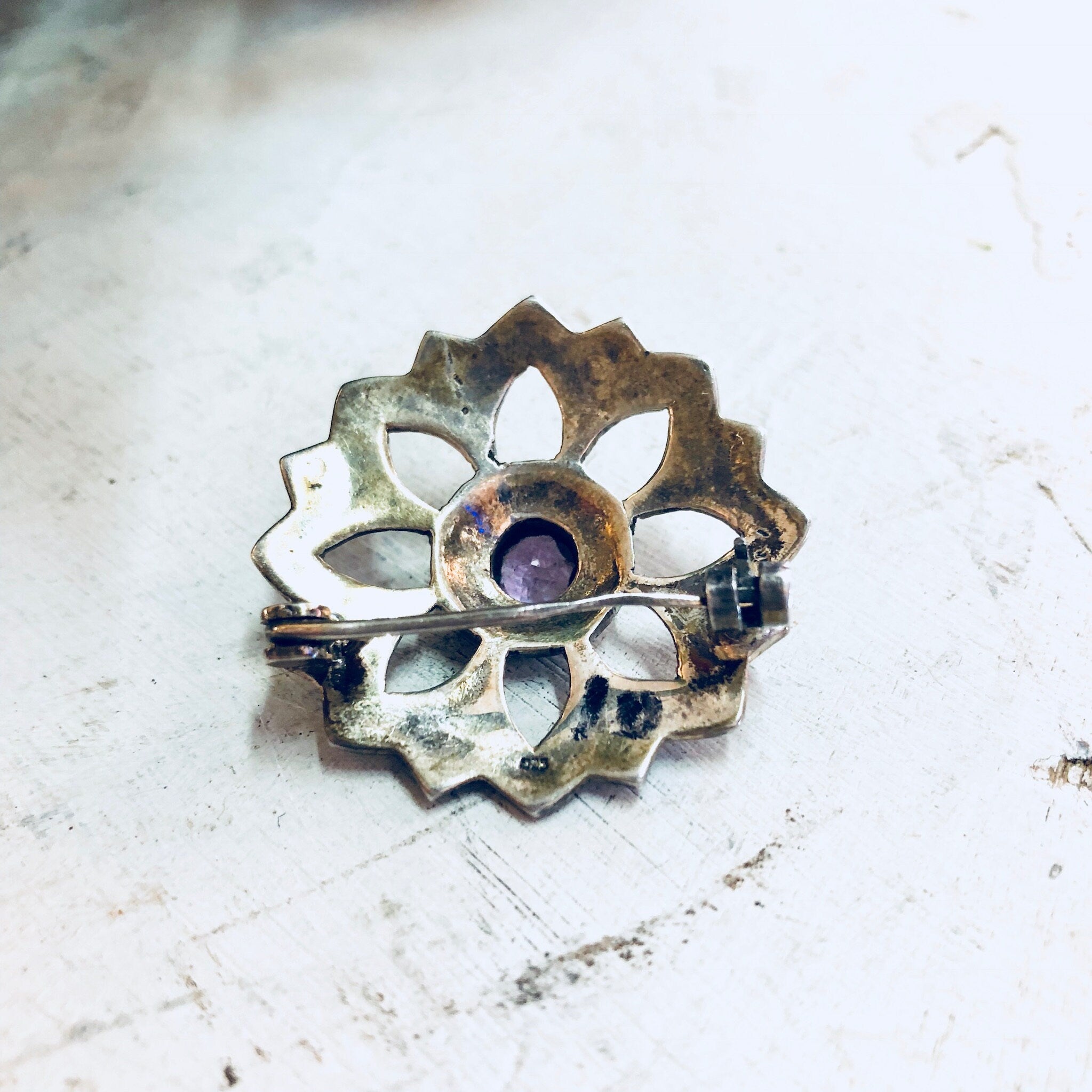 Vintage Silver Brooch, Amethyst Brooch, Marcasite Jewelry, Sterling Silver, Vintage Jewelry, Vintage Pin, Purple Pin, Starburst, Star Shape