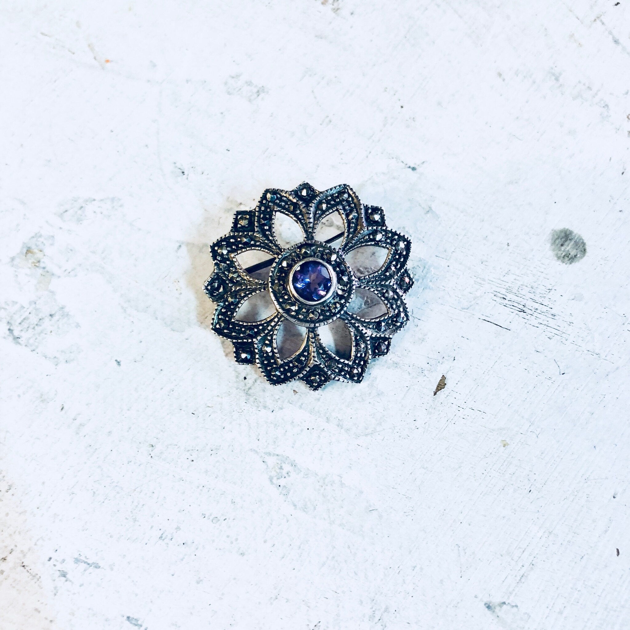 Vintage Silver Brooch, Amethyst Brooch, Marcasite Jewelry, Sterling Silver, Vintage Jewelry, Vintage Pin, Purple Pin, Starburst, Star Shape