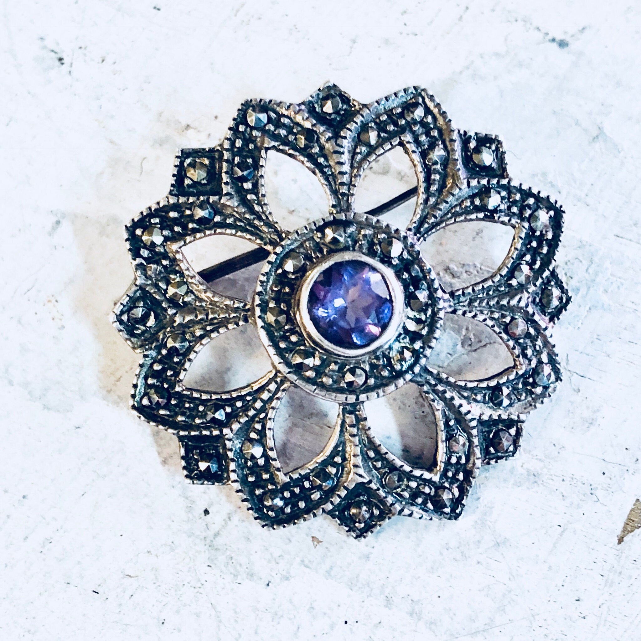 Vintage Silver Brooch, Amethyst Brooch, Marcasite Jewelry, Sterling Silver, Vintage Jewelry, Vintage Pin, Purple Pin, Starburst, Star Shape