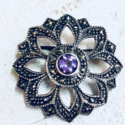 Vintage Silver Brooch, Amethyst Brooch, Marcasite Jewelry, Sterling Silver, Vintage Jewelry, Vintage Pin, Purple Pin, Starburst, Star Shape