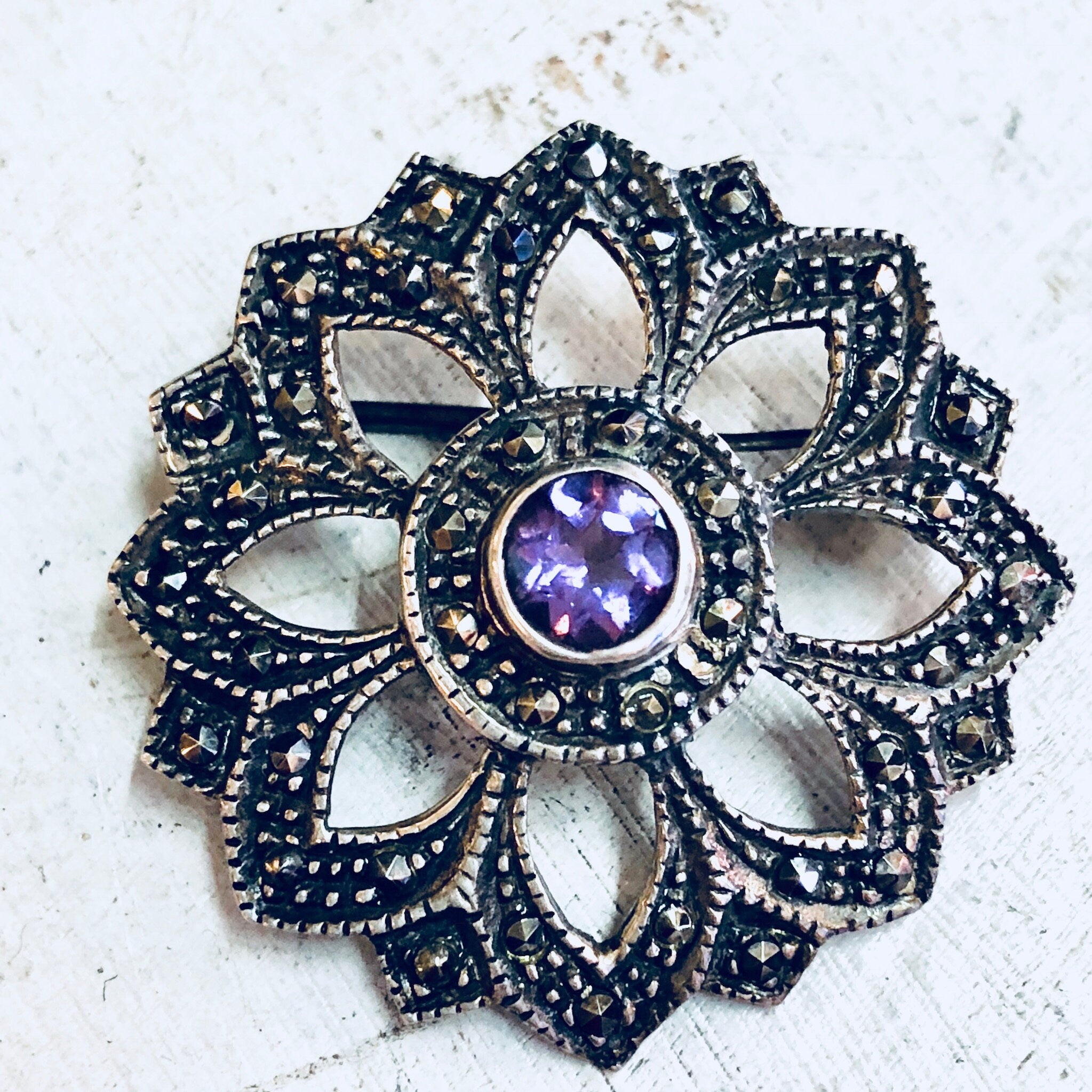 Vintage Silver Brooch, Amethyst Brooch, Marcasite Jewelry, Sterling Silver, Vintage Jewelry, Vintage Pin, Purple Pin, Starburst, Star Shape