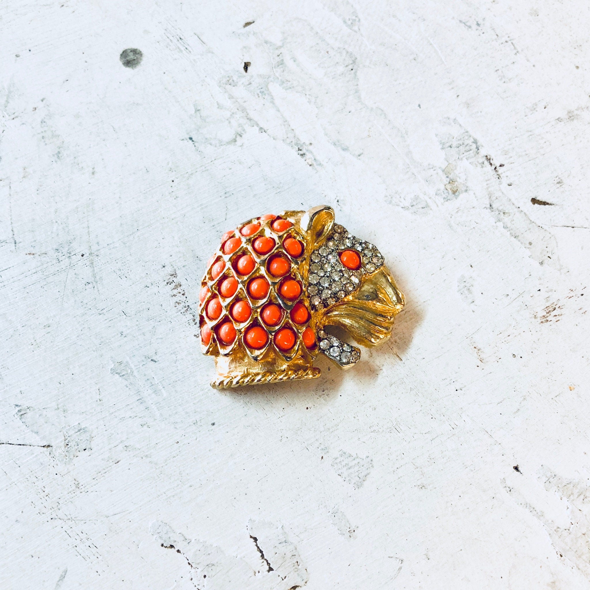Vintage Brooch, Costume Jewelry, Gold Toned Brooch, Wildcat, Panther Head, Jaguar Brooch, Vintage Pin, Statement Jewelry, Orange, Diamonds,