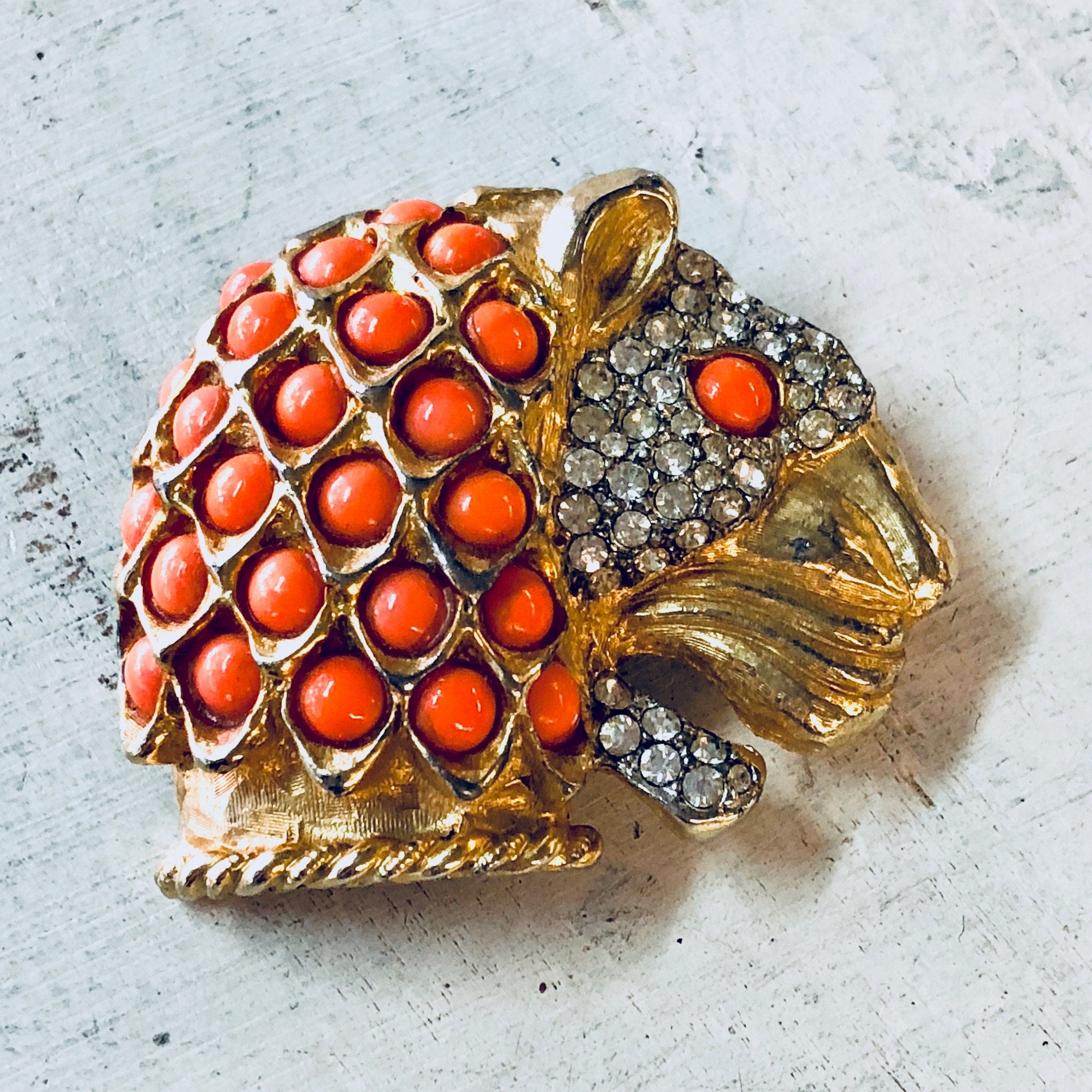 Vintage Brooch, Costume Jewelry, Gold Toned Brooch, Wildcat, Panther Head, Jaguar Brooch, Vintage Pin, Statement Jewelry, Orange, Diamonds,