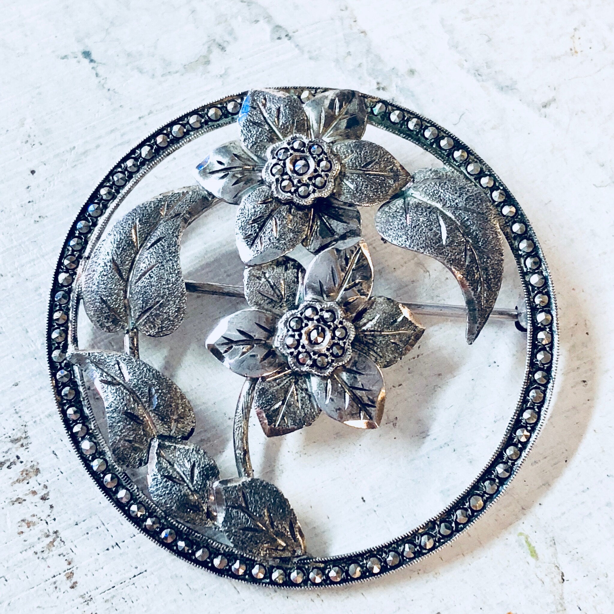 Vintage Silver Brooch, Vintage PIn, Floral Brooch, Marcasite Jewelry, Two Flowers, Marcasite Brooch, Sterling Silver, Vintage Jewelry, Pin
