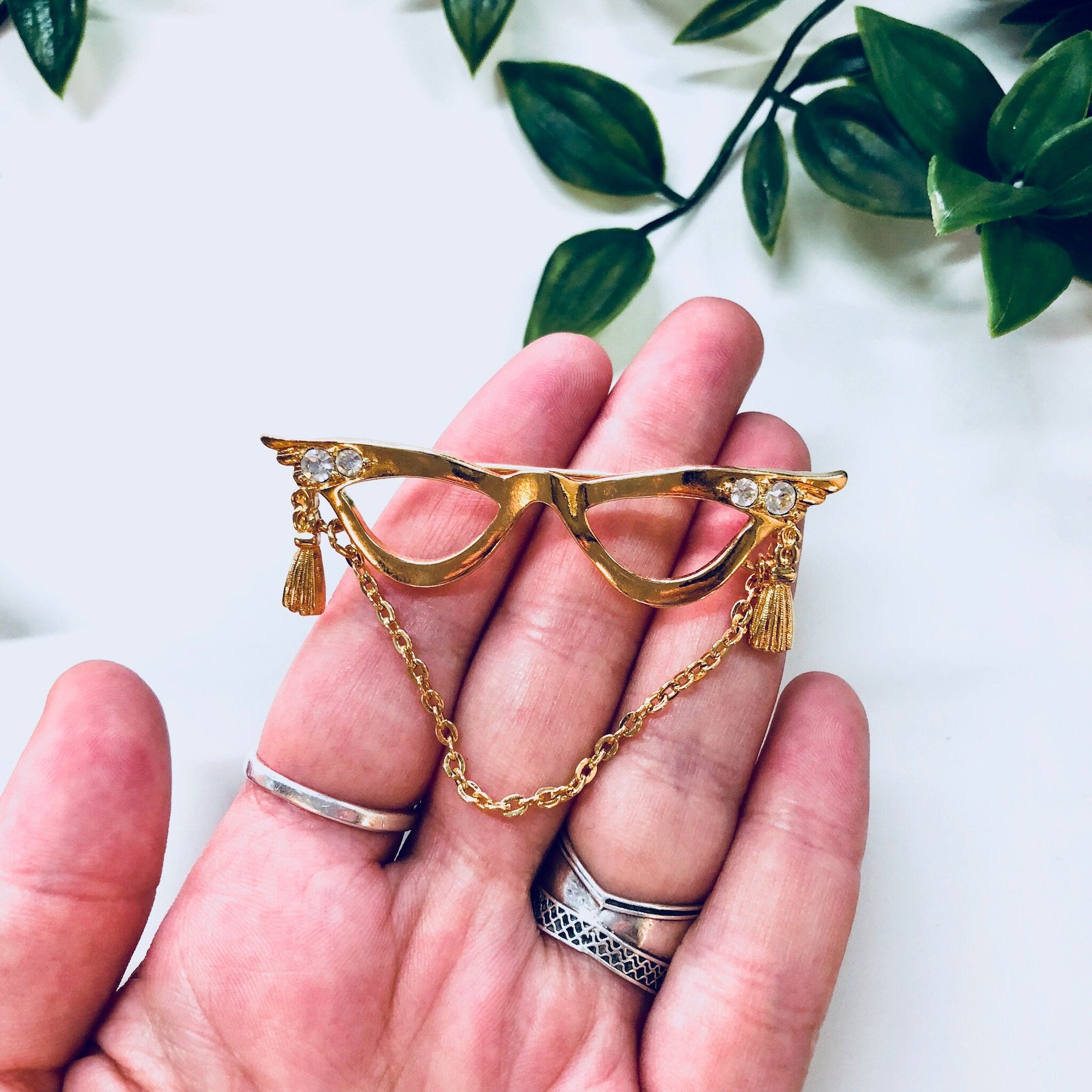 Vintage Brooch, Gold Toned Brooch, Cat Eye Glasses, Costume Jewelry, Vintage Jewelry, Vintage Pin, Rhinestones, Tassel Brooch, Avon Jewelry