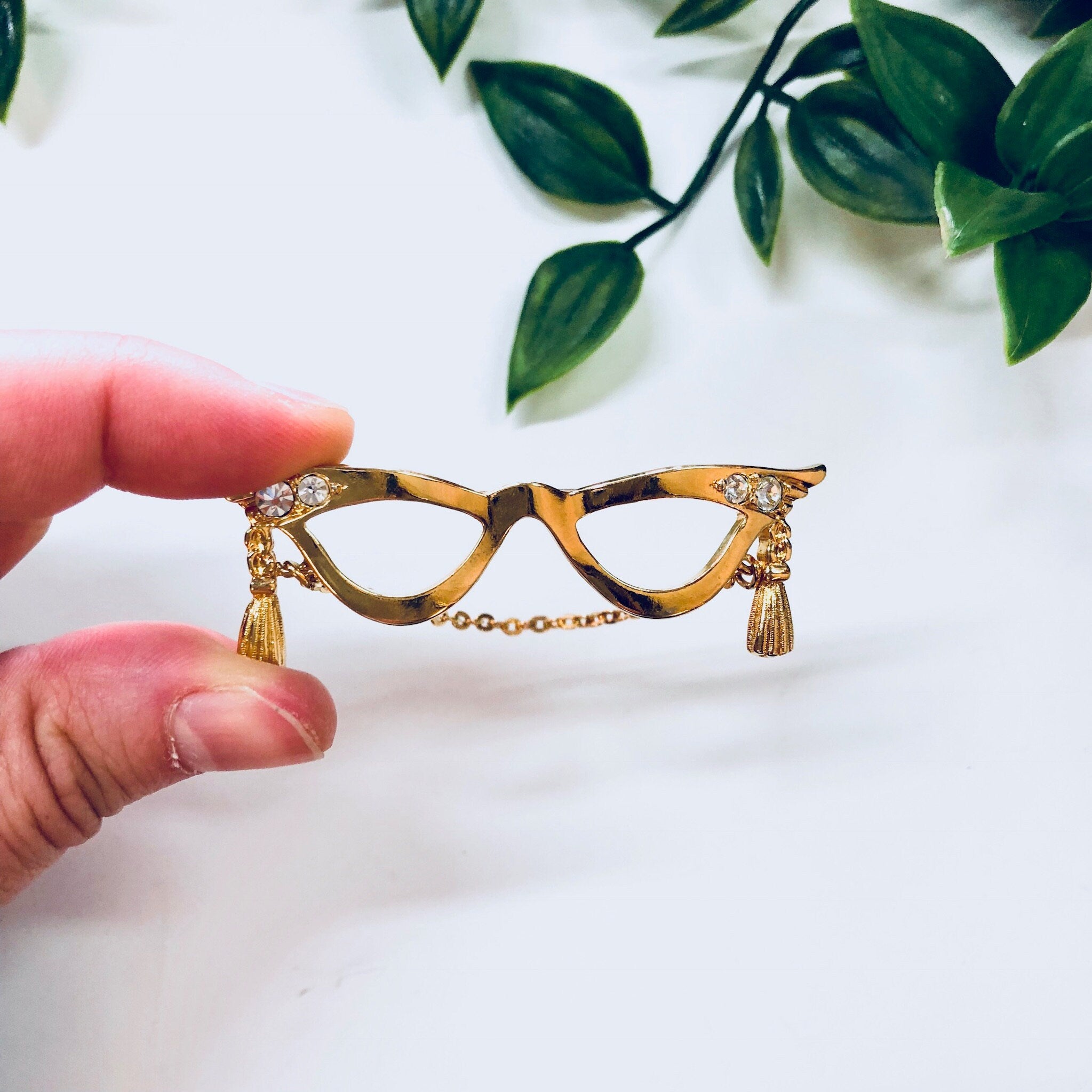 Vintage Brooch, Gold Toned Brooch, Cat Eye Glasses, Costume Jewelry, Vintage Jewelry, Vintage Pin, Rhinestones, Tassel Brooch, Avon Jewelry