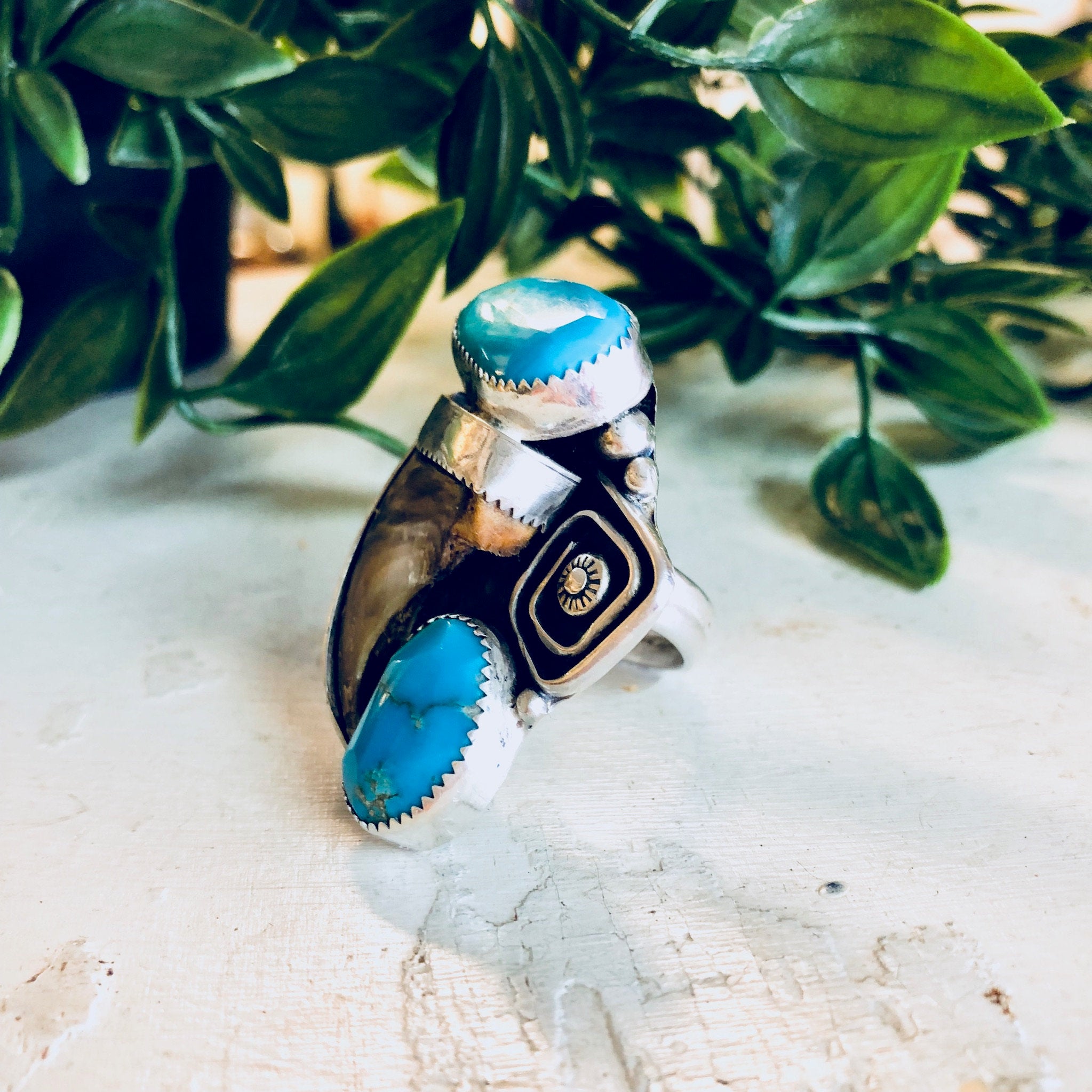 Vintage Silver Ring, Turquoise Ring, Horn Ring, Southwestern Jewelry, Sterling Silver, Vintage Jewelry, Large Ring, Statement Jewelry, Blue