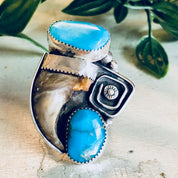 Vintage Silver Ring, Turquoise Ring, Horn Ring, Southwestern Jewelry, Sterling Silver, Vintage Jewelry, Large Ring, Statement Jewelry, Blue