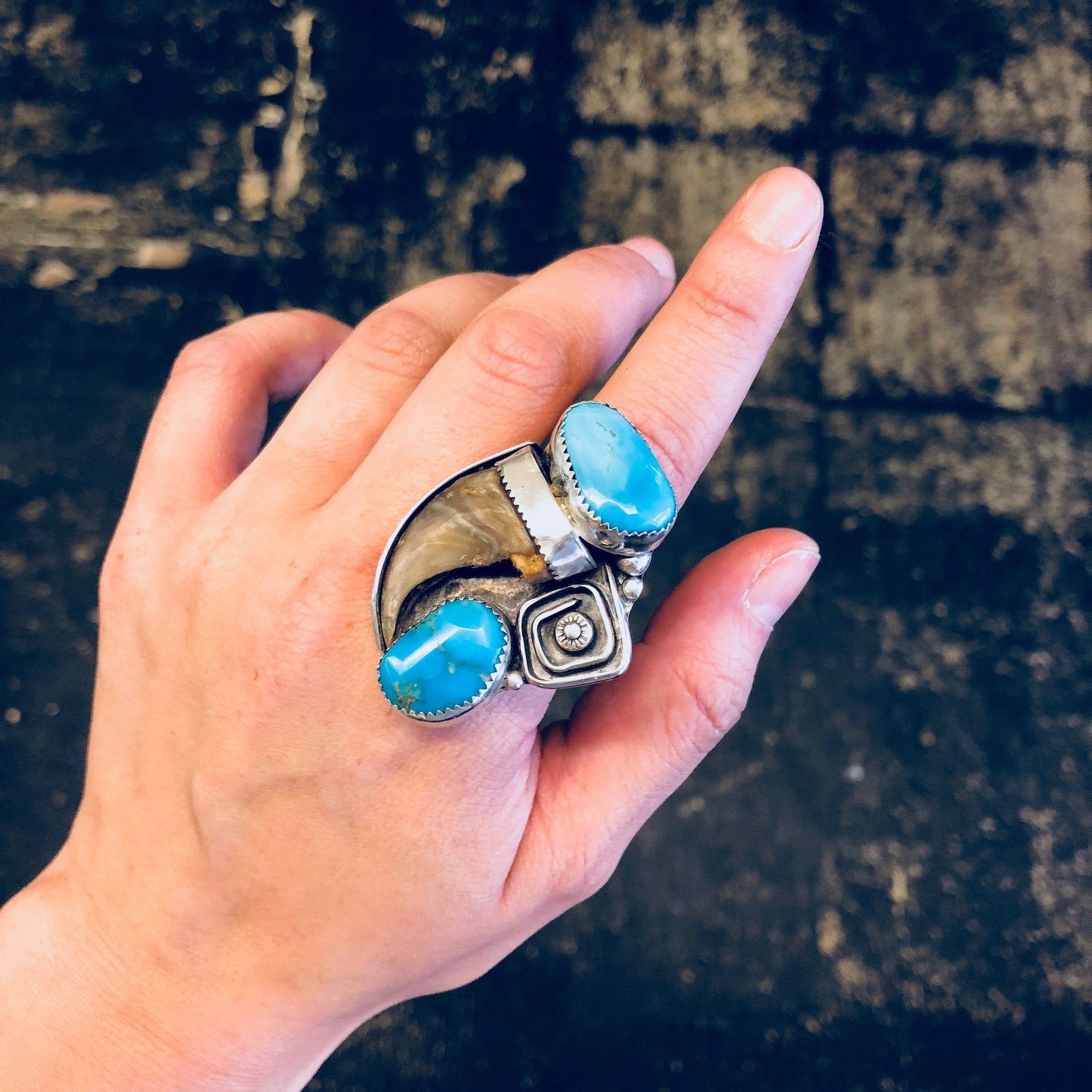 Vintage Silver Ring, Turquoise Ring, Horn Ring, Southwestern Jewelry, Sterling Silver, Vintage Jewelry, Large Ring, Statement Jewelry, Blue