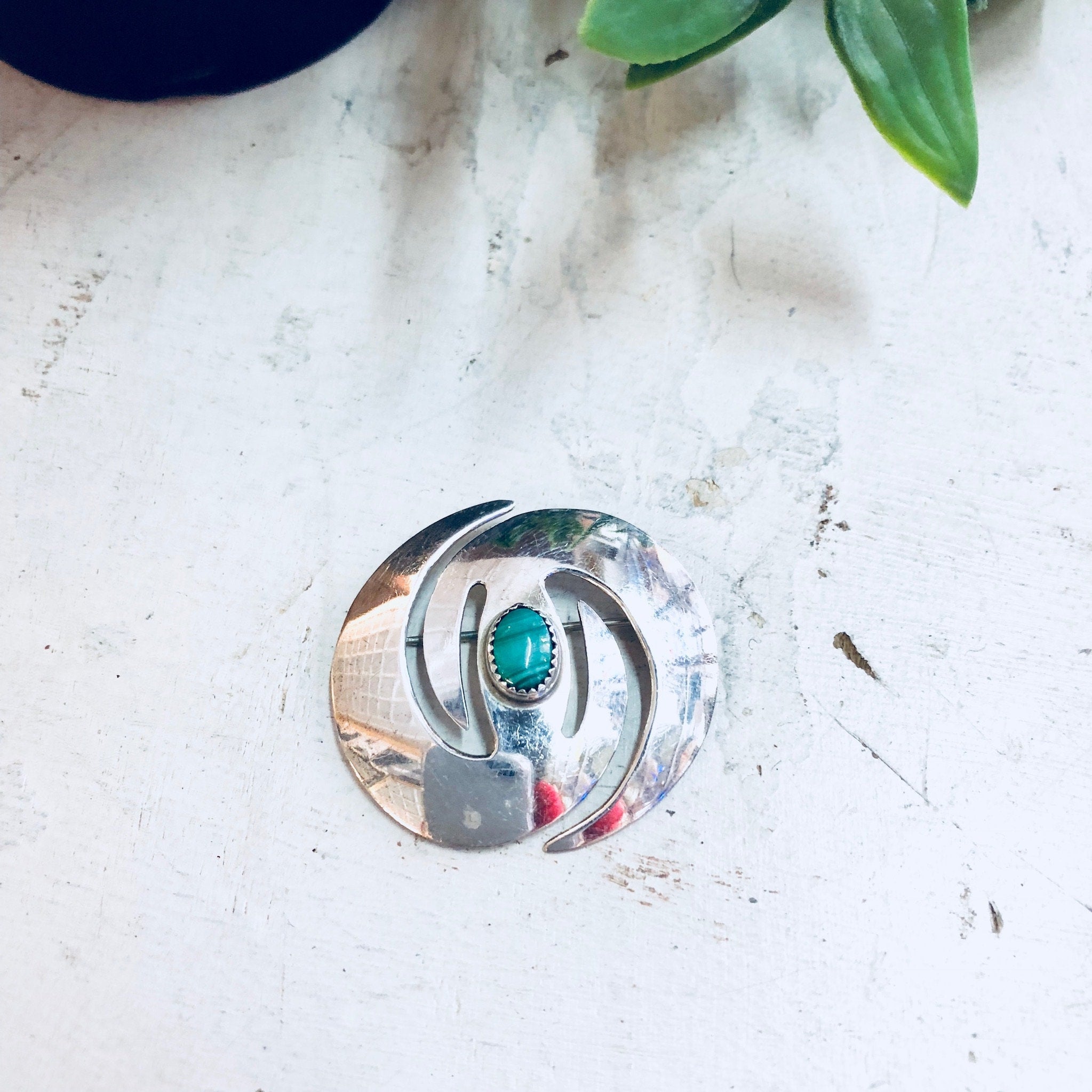 Vintage Silver Brooch, Malachite Brooch, Sterling Silver, Vintage Jewelry, Green Malachite, Striped stone, Vintage Pin, Green Jewelry, Pin