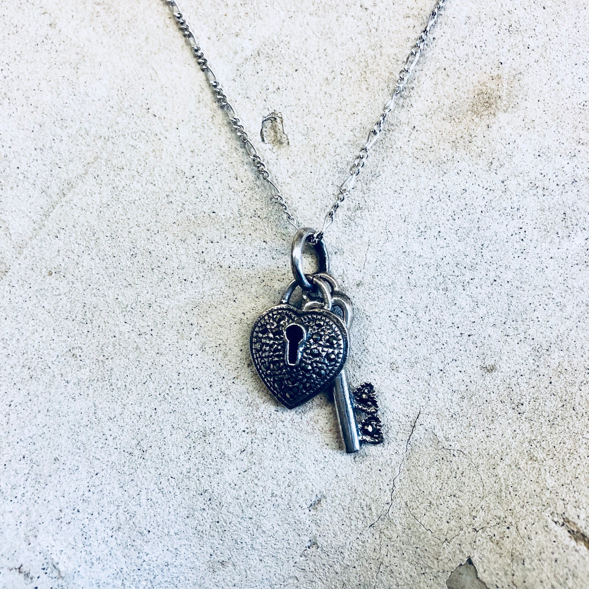 Vintage Silver Necklace, Key to my Heart, Heart and Key, Heart Necklace, Key Necklace, Pendant Necklace, Marcasite Pendant, Thin Chain,