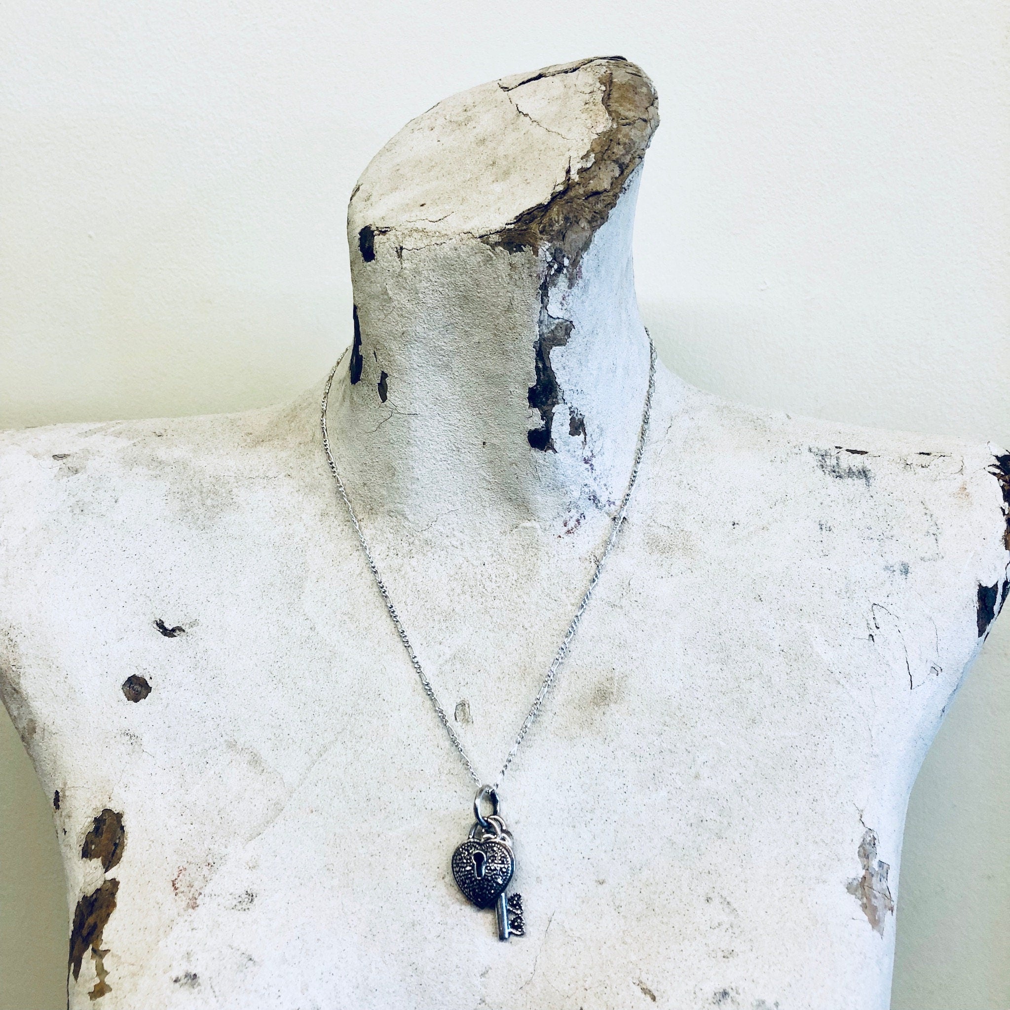 Vintage Silver Necklace, Key to my Heart, Heart and Key, Heart Necklace, Key Necklace, Pendant Necklace, Marcasite Pendant, Thin Chain,