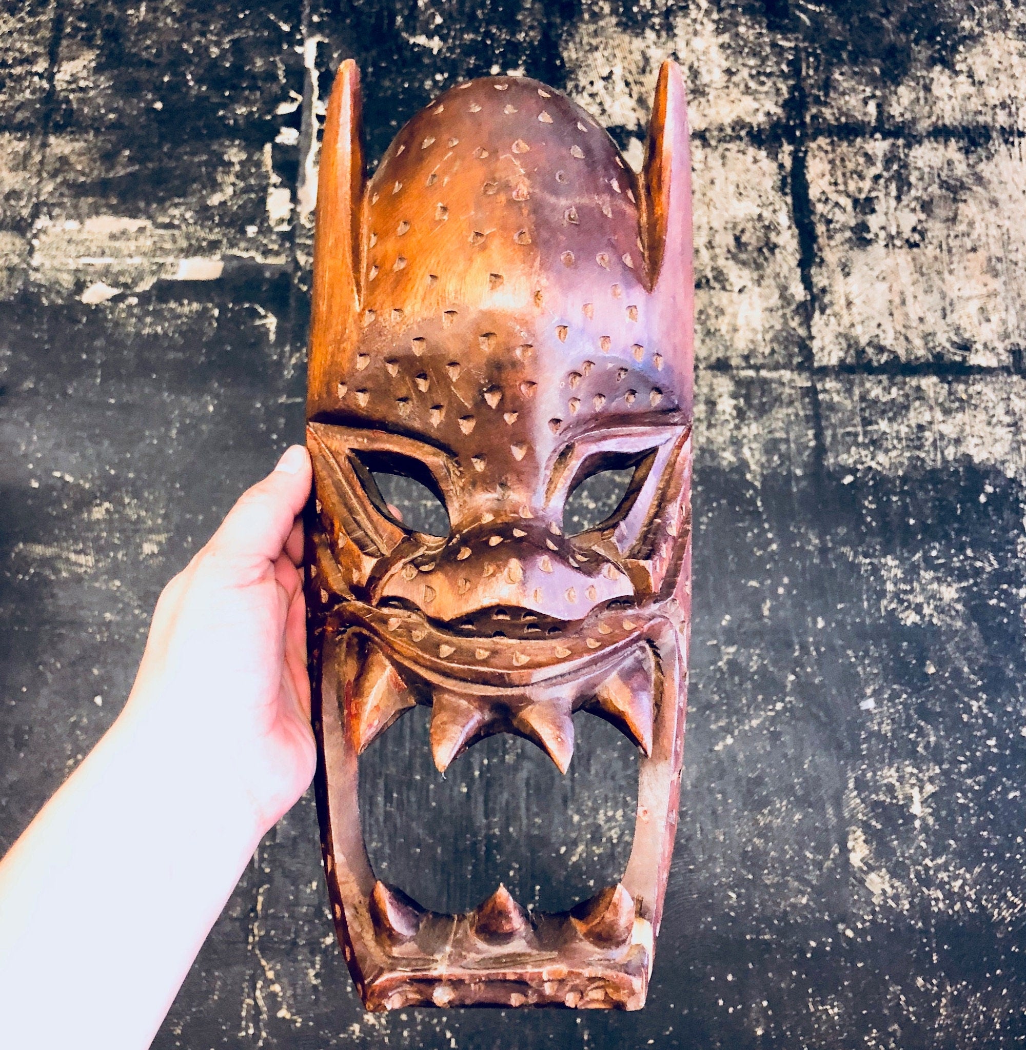 Wood Carved Mask, Vintage Mask, Wooden Mask, Hand Carved Wood, Vintage Home Decor, Wall Decor, Primitive Decor, Wall Hanging, Brown, Carved