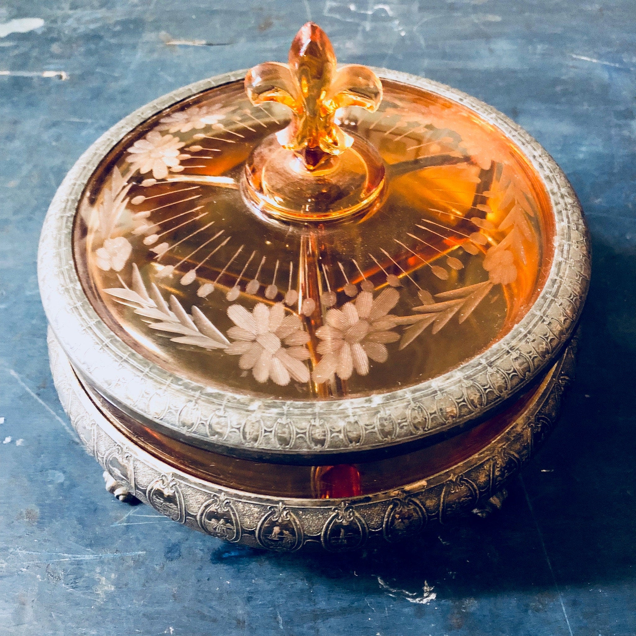 Vintage Candy Dish, Lidded Candy Dish, Glass Jewelry Box, Orange Glass, Etched Glass Dish, Fleur De Lis, Silver Tone, Floral Etching,Vintage