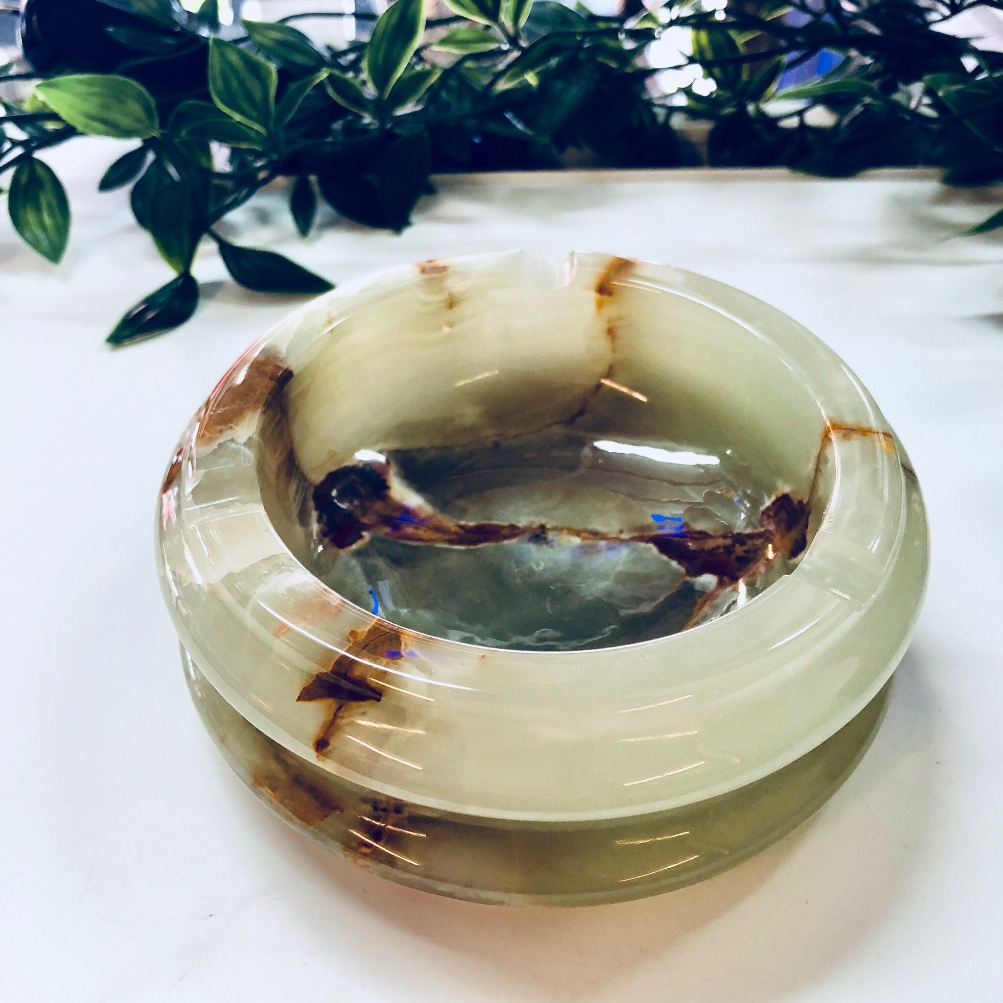 Vintage Ashtray, Stoneware, Green, Orange, Natural Stones, Vintage Home Decor, Catch All Dish, Ring Dish, Marble, Swirl, Agate, Light Green