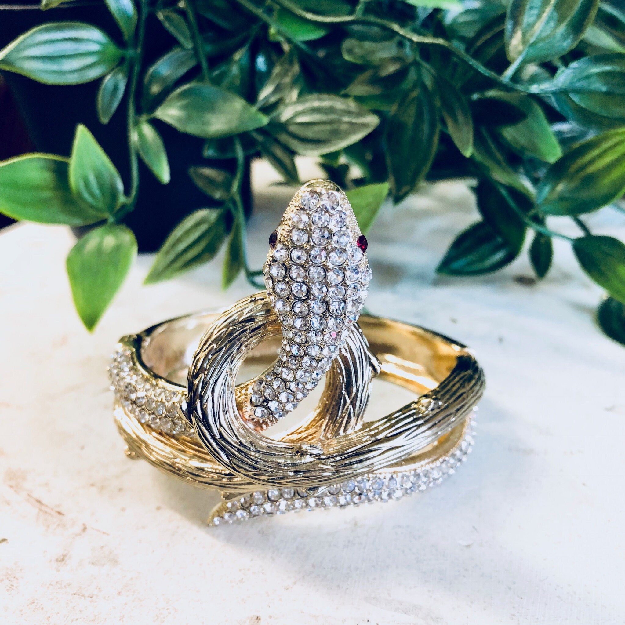 Snake Bracelet, Vintage Bracelet, Hinged Bracelet, Rhinestone Jewelry, Cuff, Gold Toned Jewelry, Vintage Jewelry, Costume Jewelry, Snake
