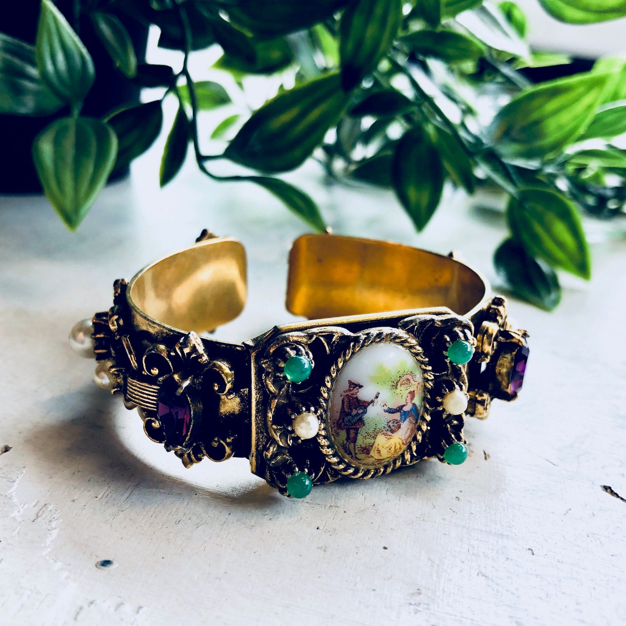 Vintage Bracelet, Gold Toned Bracelet, Beaded Bracelet, Vintage Jewelry, Hinged Bracelet, Statement Jewelry, Picture Bracelet, Purple, Green
